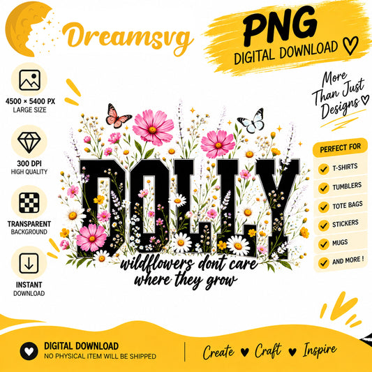 Dolly wildflowers floral typography butterfly PNG clipart