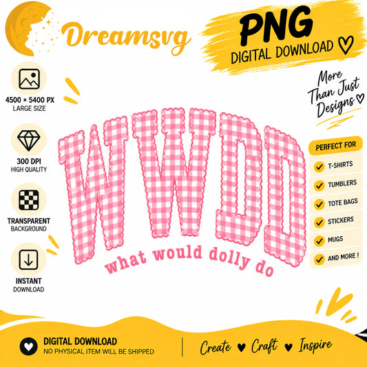 What Would Dolly Do pink gingham bubble letters PNG clipart