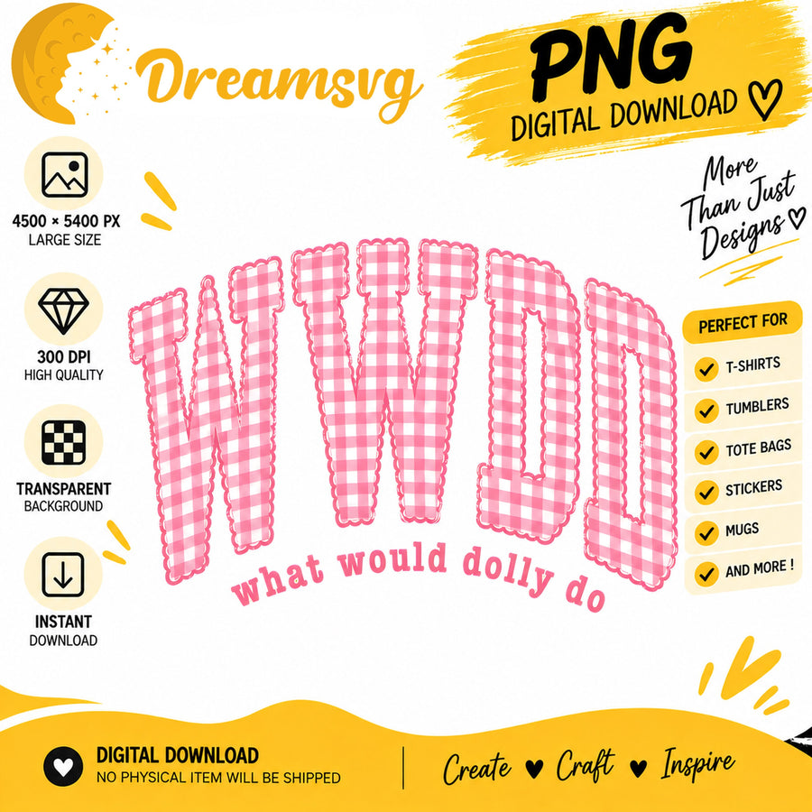 What Would Dolly Do pink gingham bubble letters PNG clipart