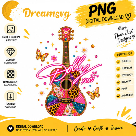 Dolly neon sign patchwork guitar glitter PNG clipart