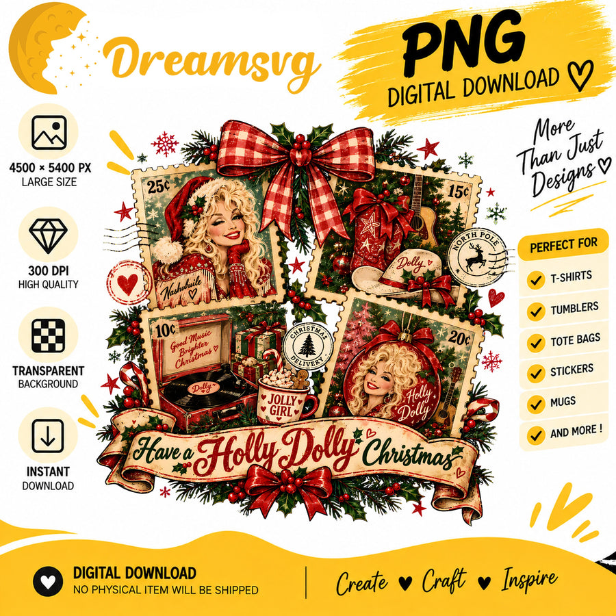 Holly Dolly Christmas vintage postage stamp collage PNG clipart