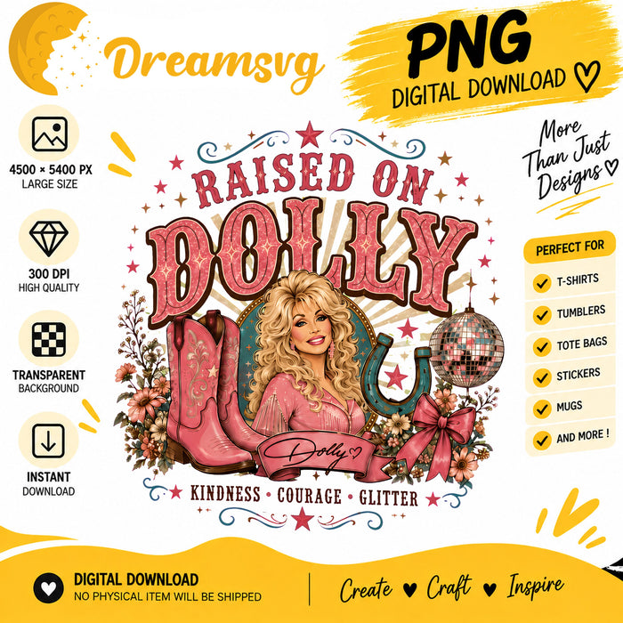 Raised on Dolly glitter cowboy boots disco ball PNG clipart