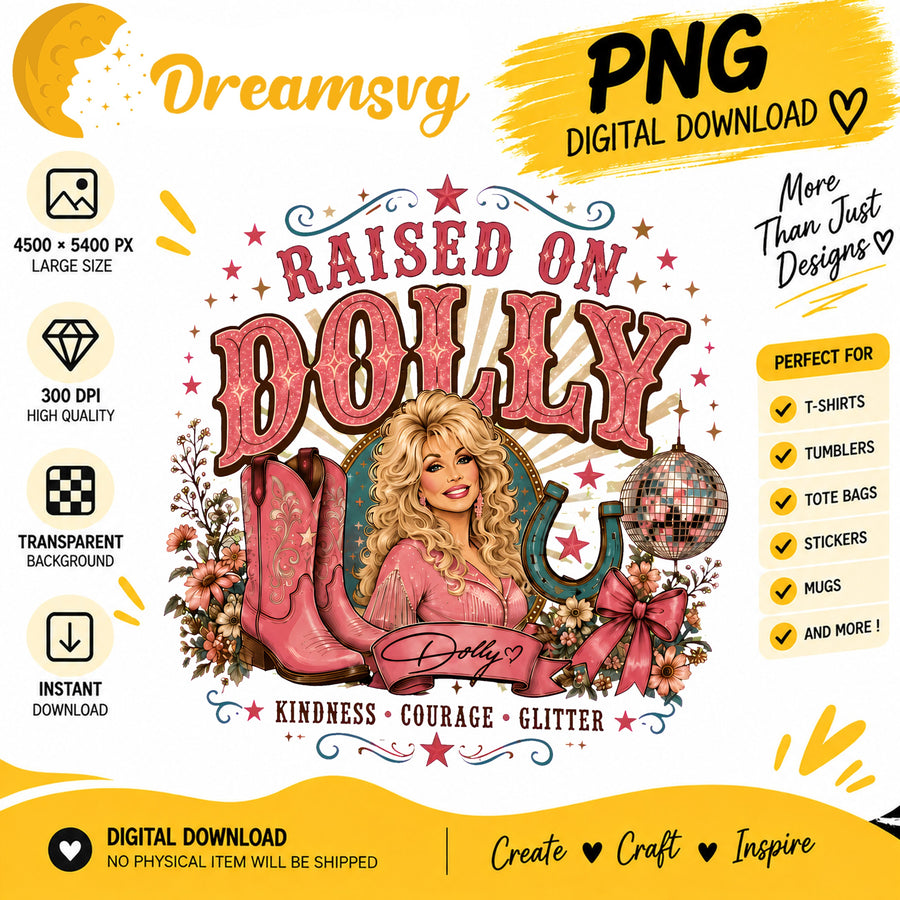 Raised on Dolly glitter cowboy boots disco ball PNG clipart