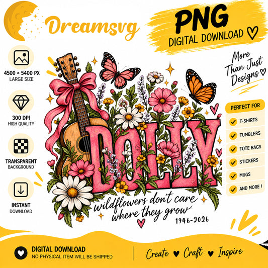 Dolly wildflowers guitar pink bow butterfly PNG clipart