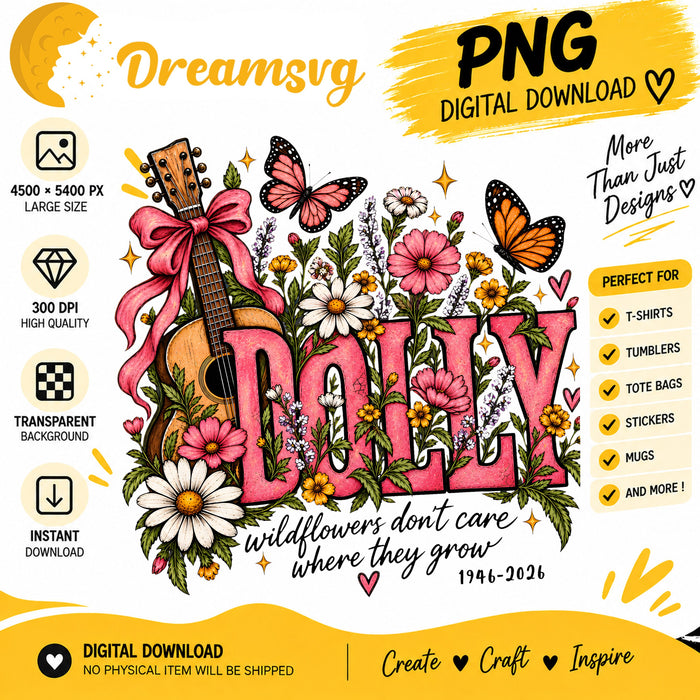 Dolly wildflowers guitar pink bow butterfly PNG clipart