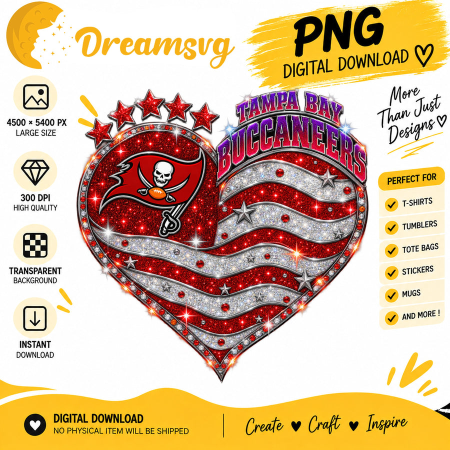 Tampa Bay Buccaneers Glitter Heart NFL Football Fan Girl PNG