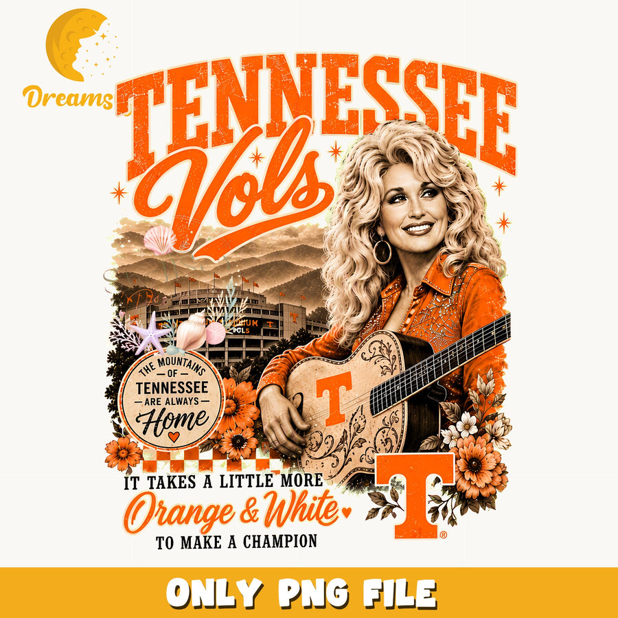Tennessee Vols Dolly Parton Clipart, Orange Guitar Mountains Floral