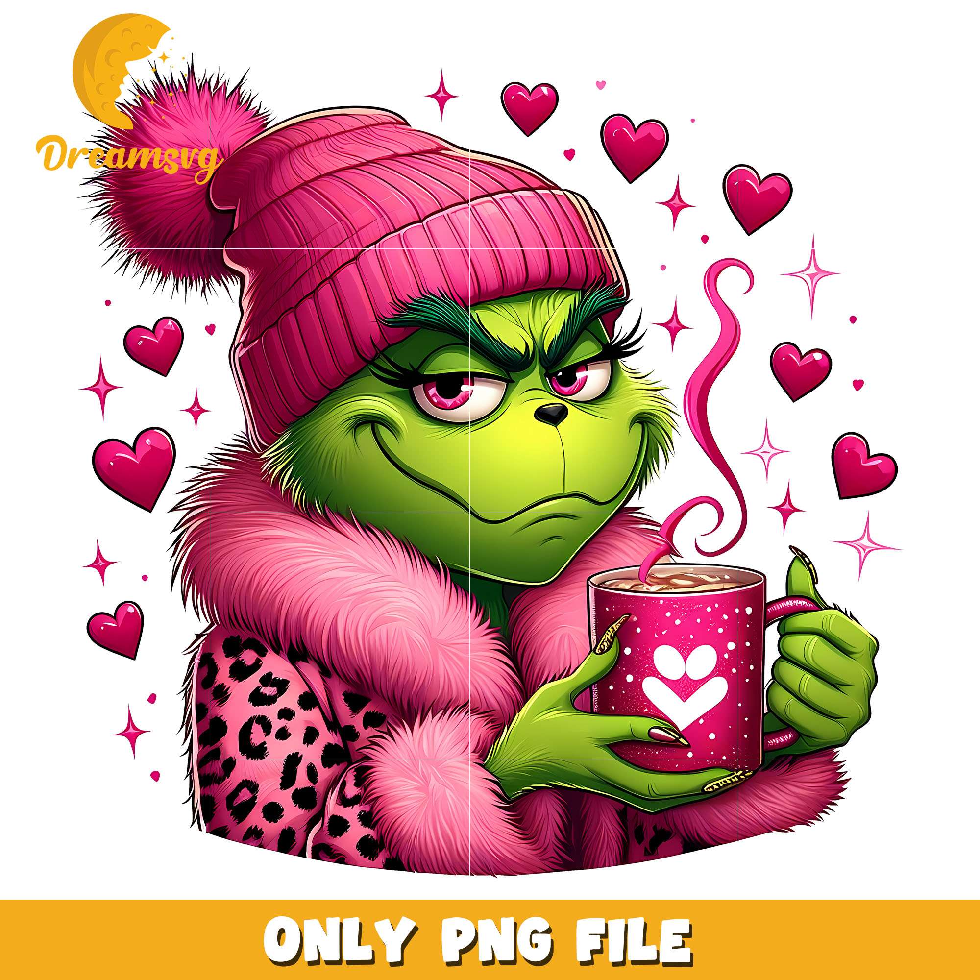 The grinch pink beanie coffee png,the grinch png, christmas png