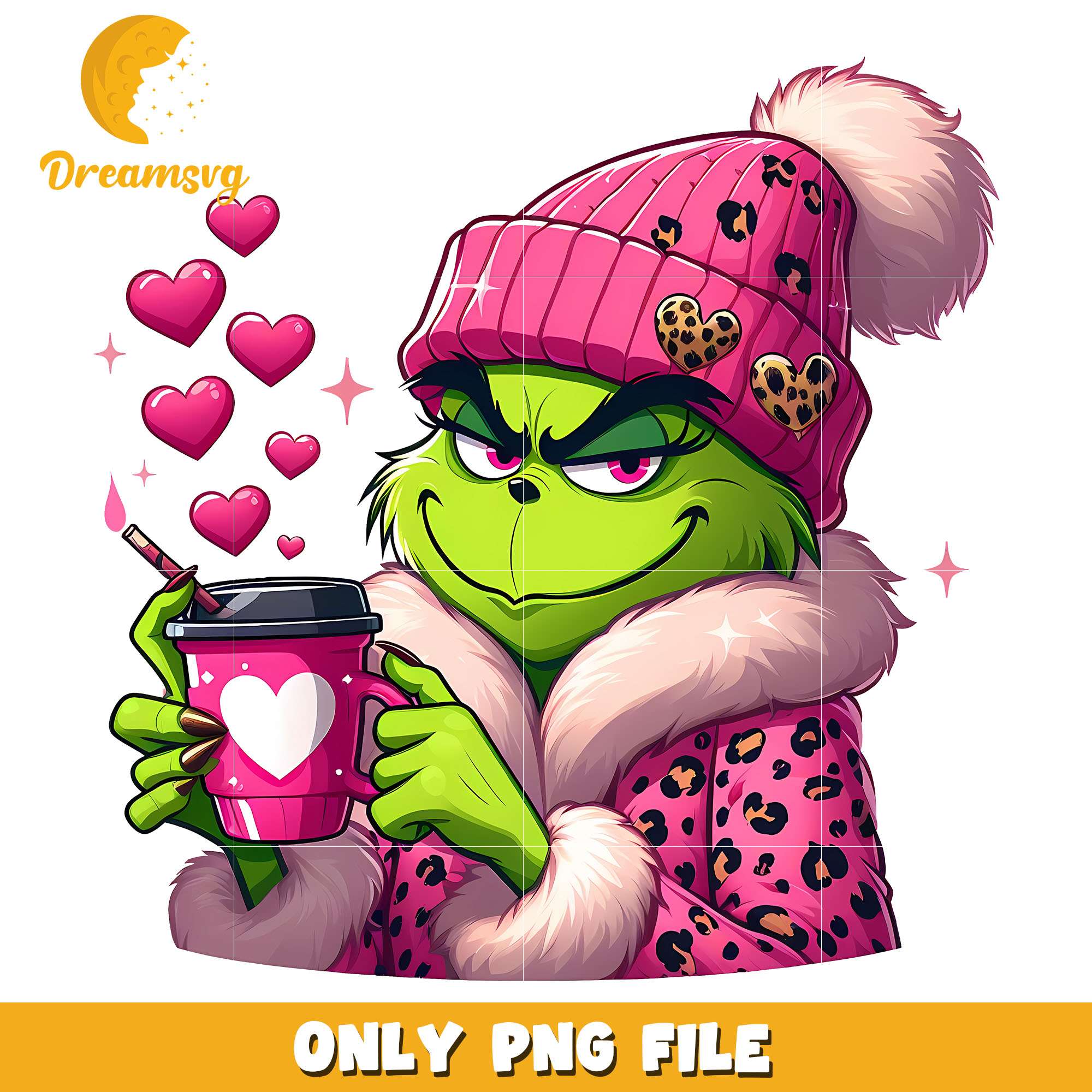 The grinch pink beanie love coffee png, Grinch png, christmas png