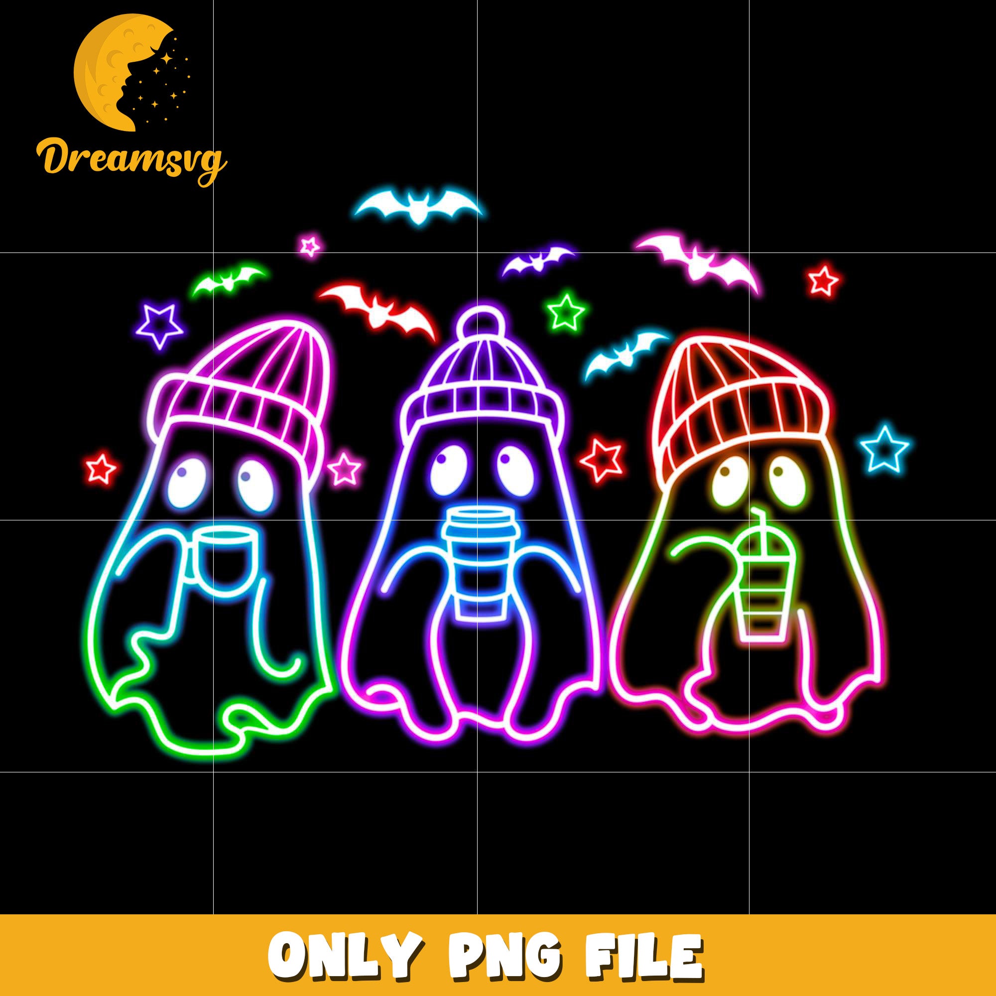 Three ghouls neon png, spooky season​ png, halloween pumpkin png