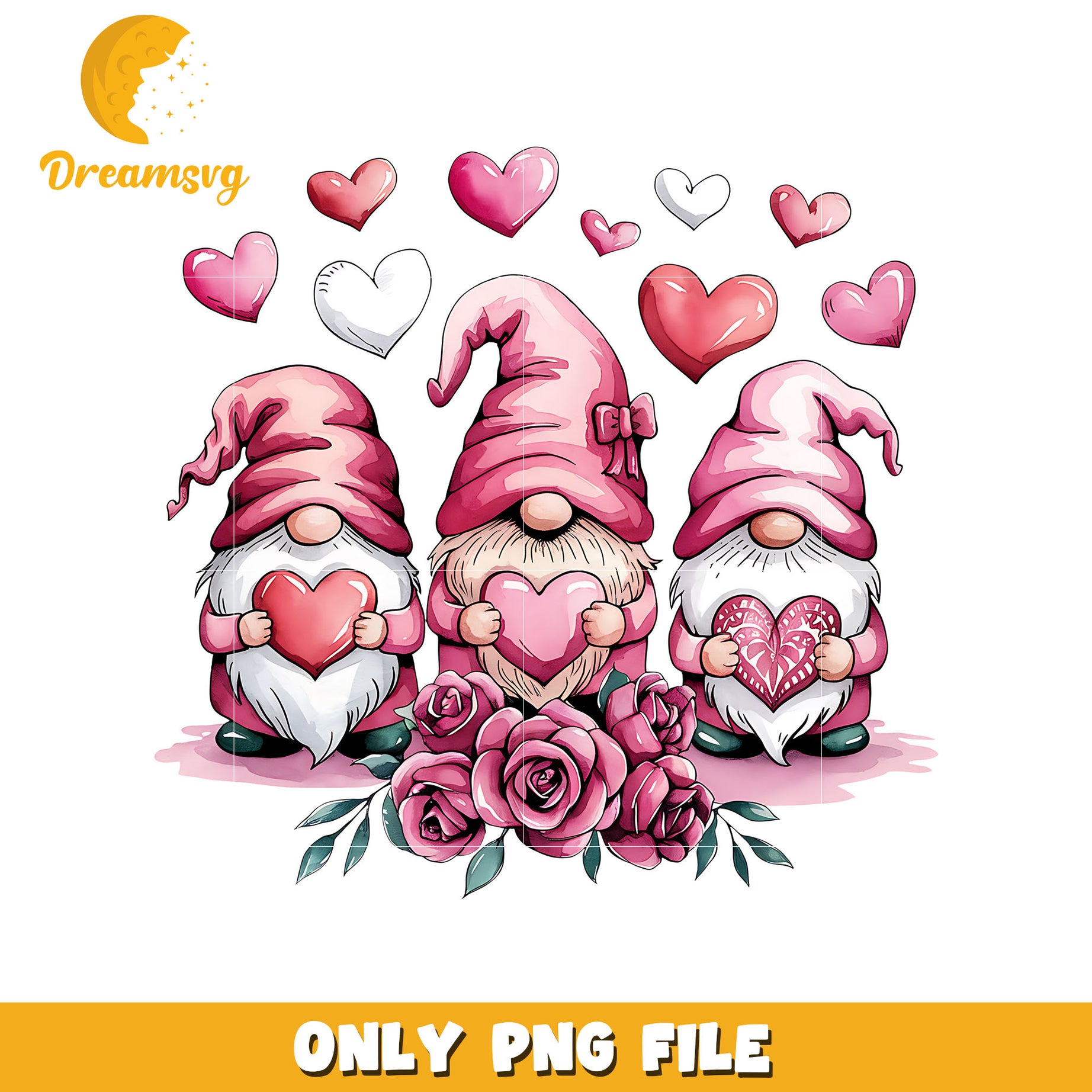 Three gnomes with hearts and roses on valentine day png, gnome png