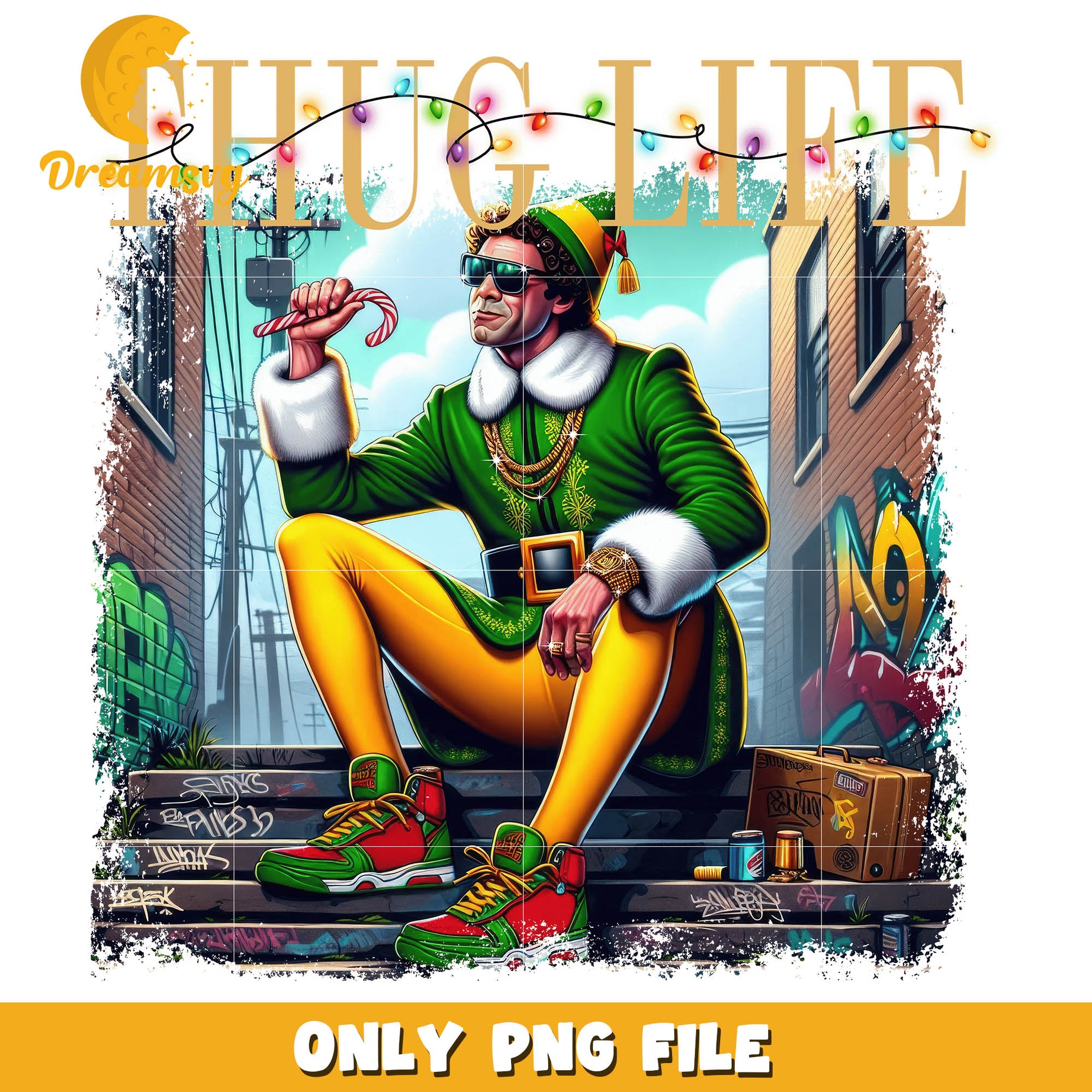 Thug life elf man christmas png, elf-man​ png, man elf costume​ png