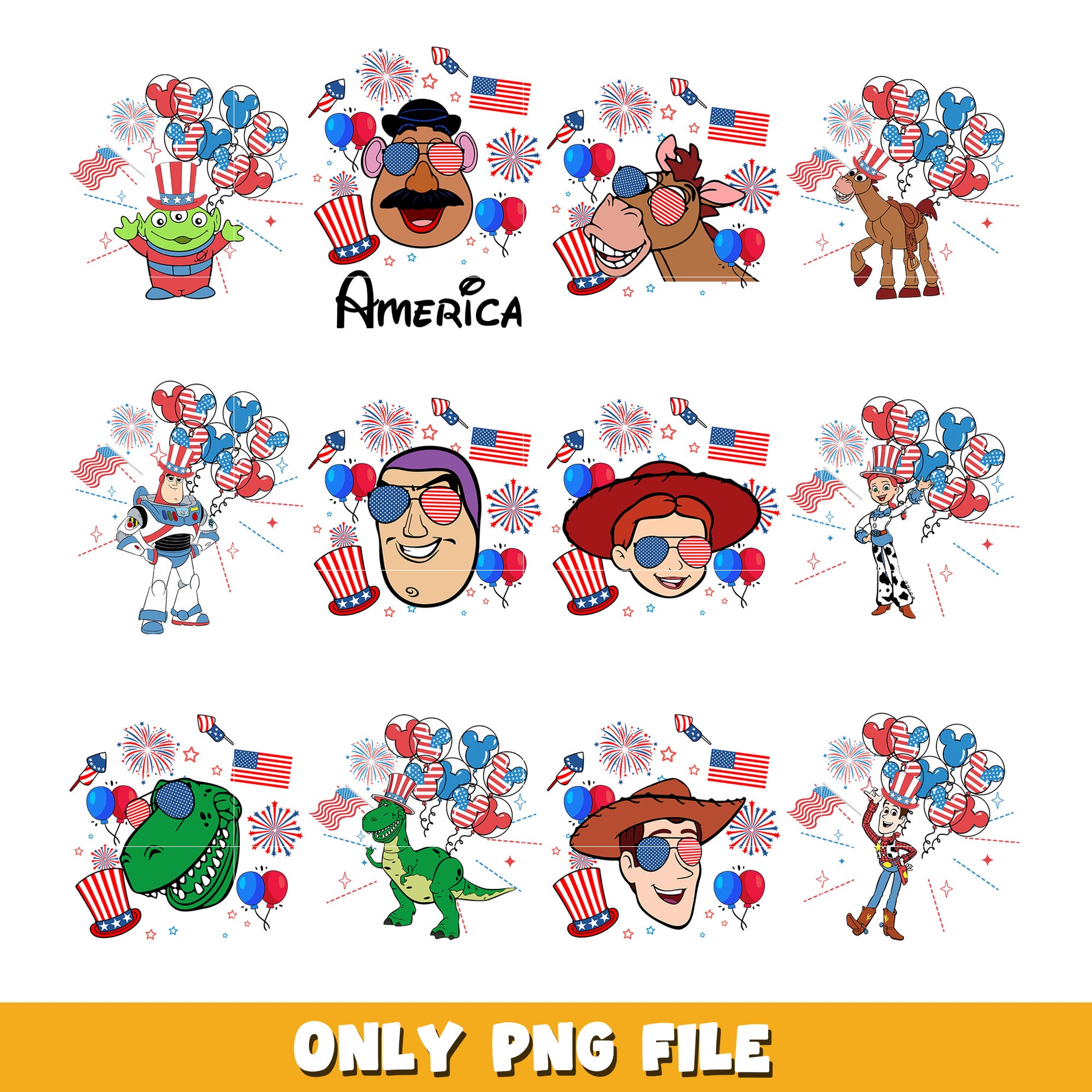 Toy Story American Flag bundle png, Toy Story png, Disney cartoon png, Digital download 