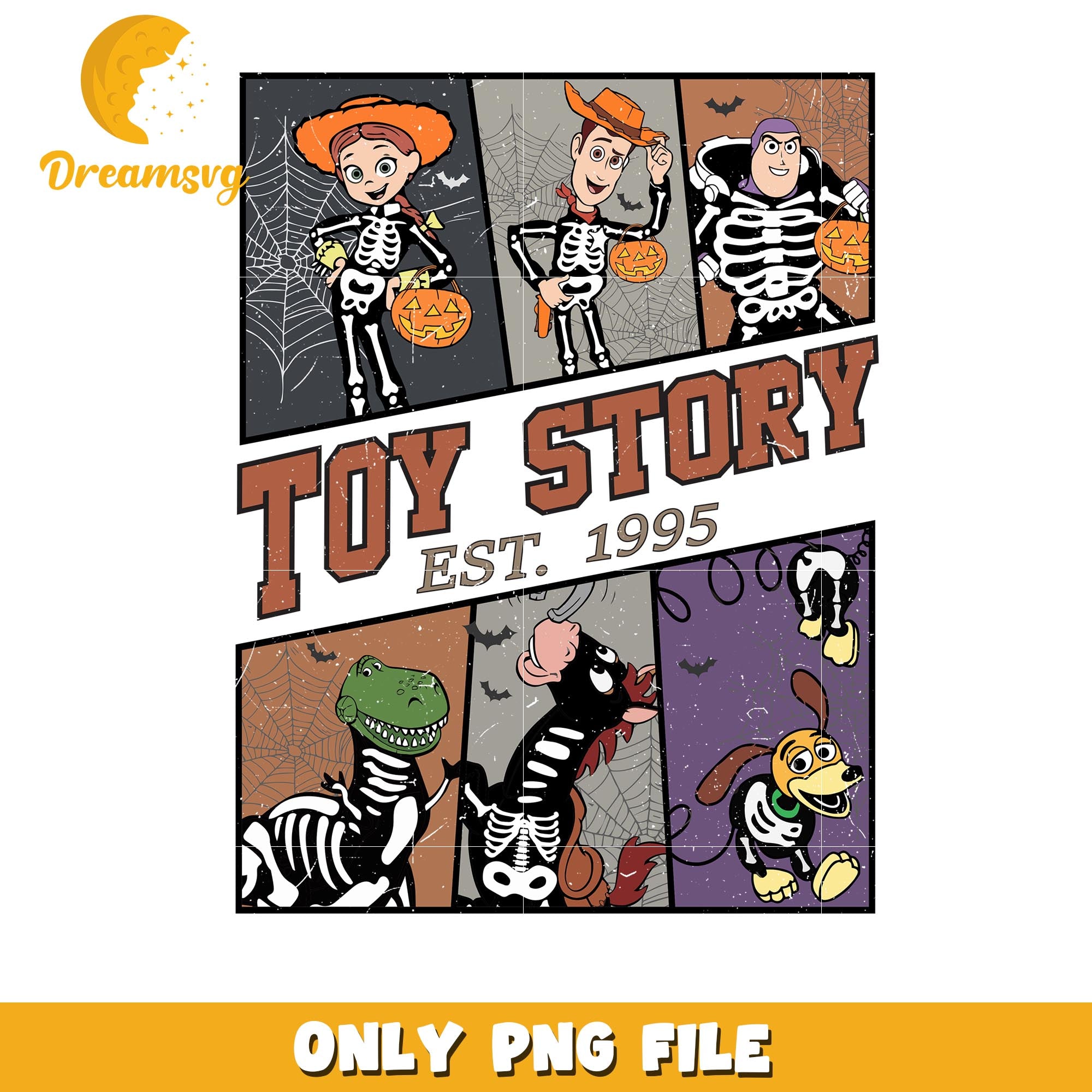 Toy story halloween skeleton est 1995 png, Disney friends halloween vibes png