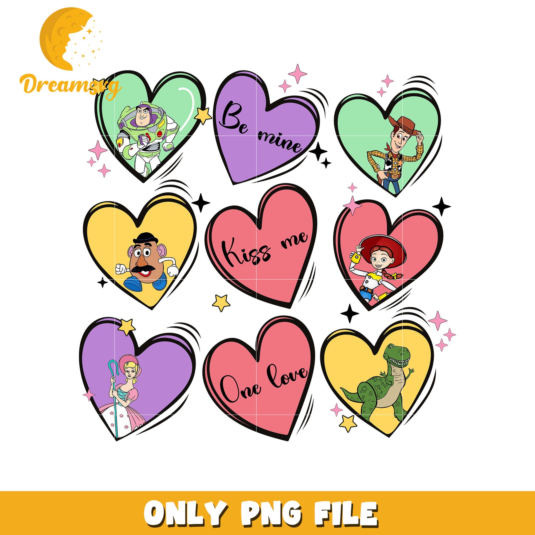 Toy story character heart shape png, toy story png, valentine png