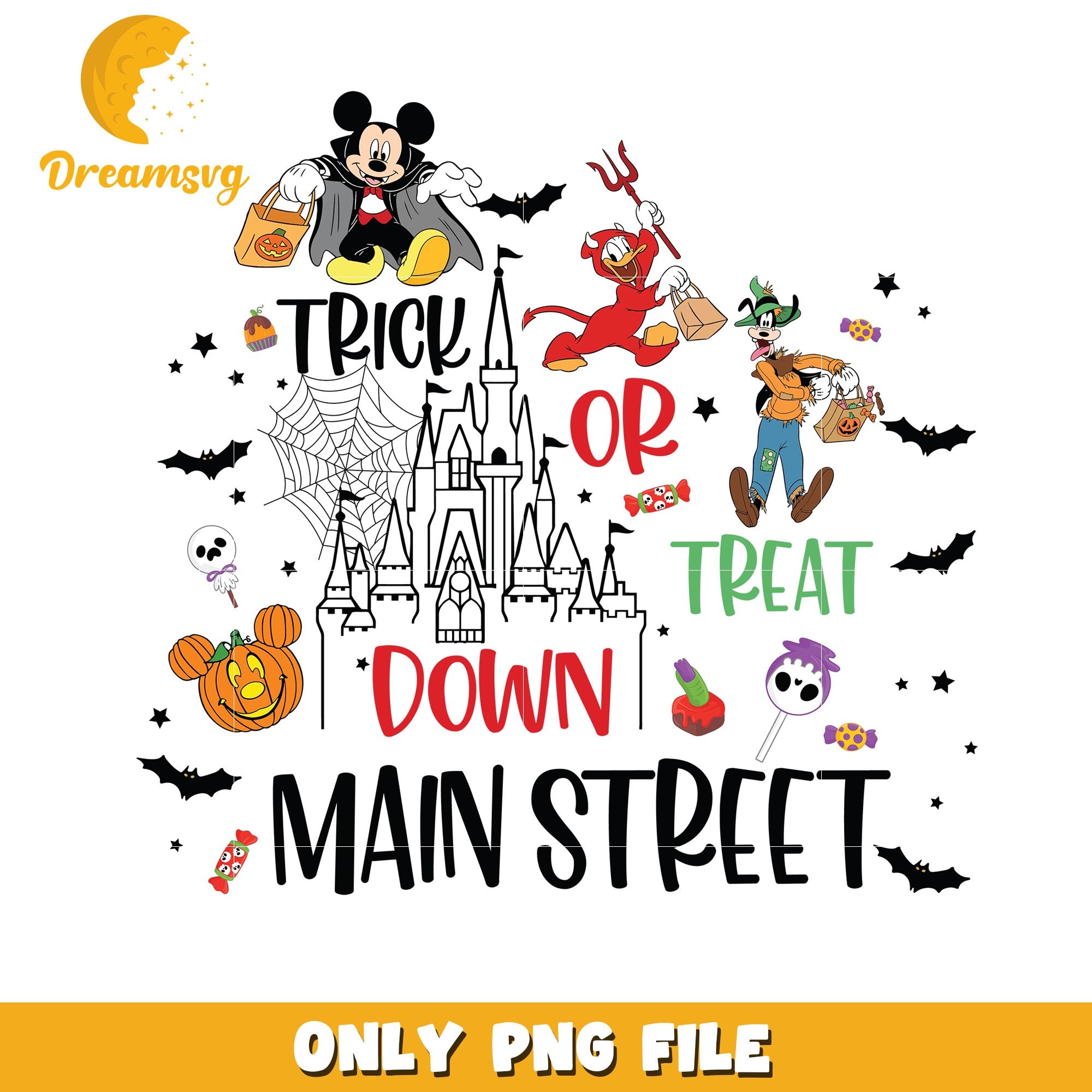 Trick or treat down the main street png, Disney world halloween vibes png