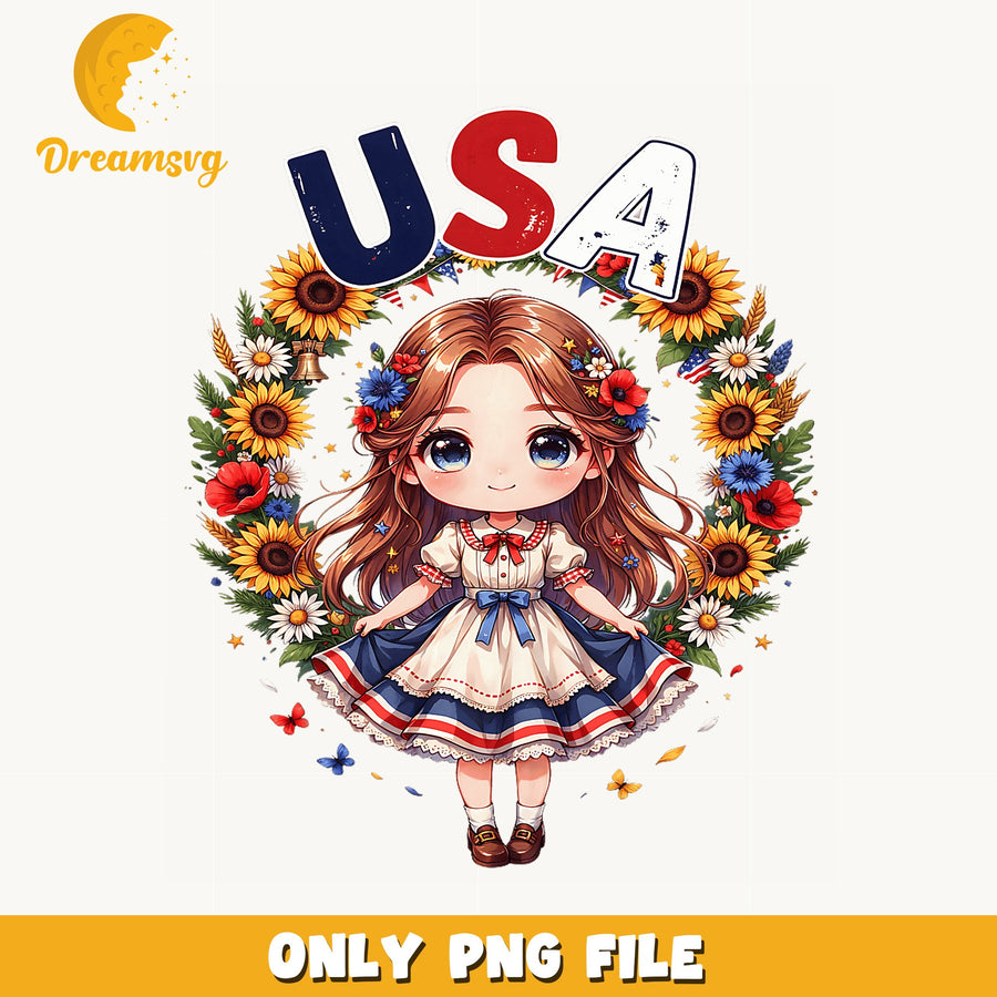 USA Girl Design PNG, Floral Sunflower Art, Summer PNG