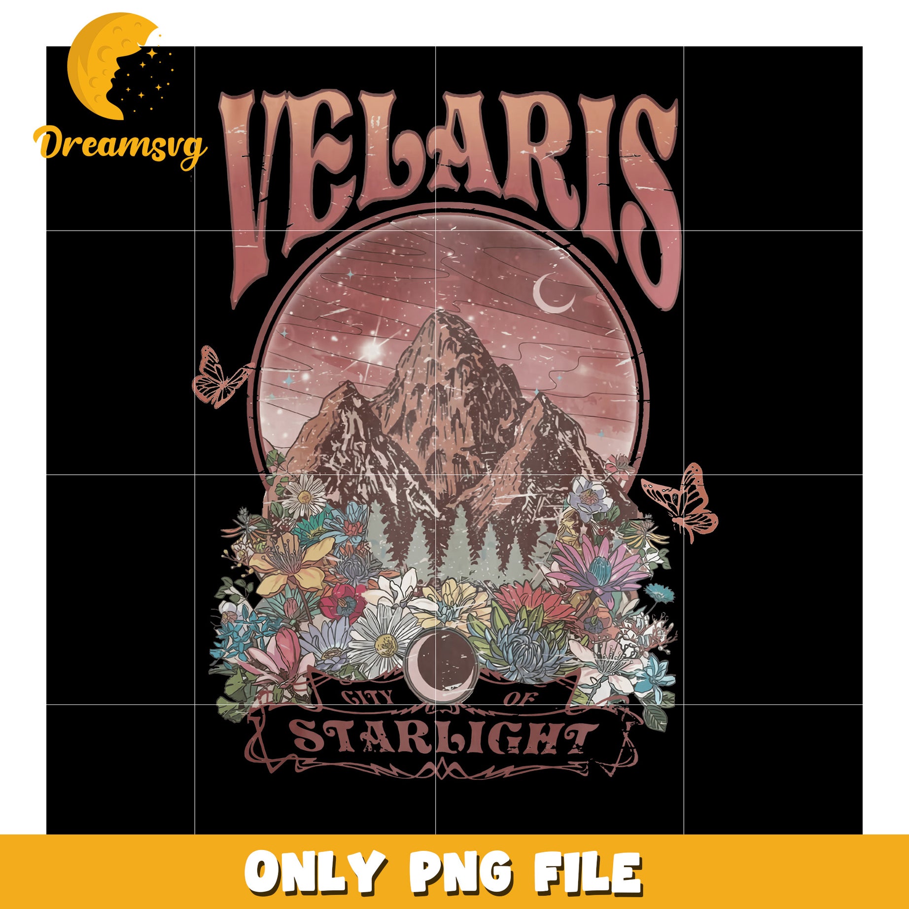 Velaris city of light flowers png, magical starlight skyline png