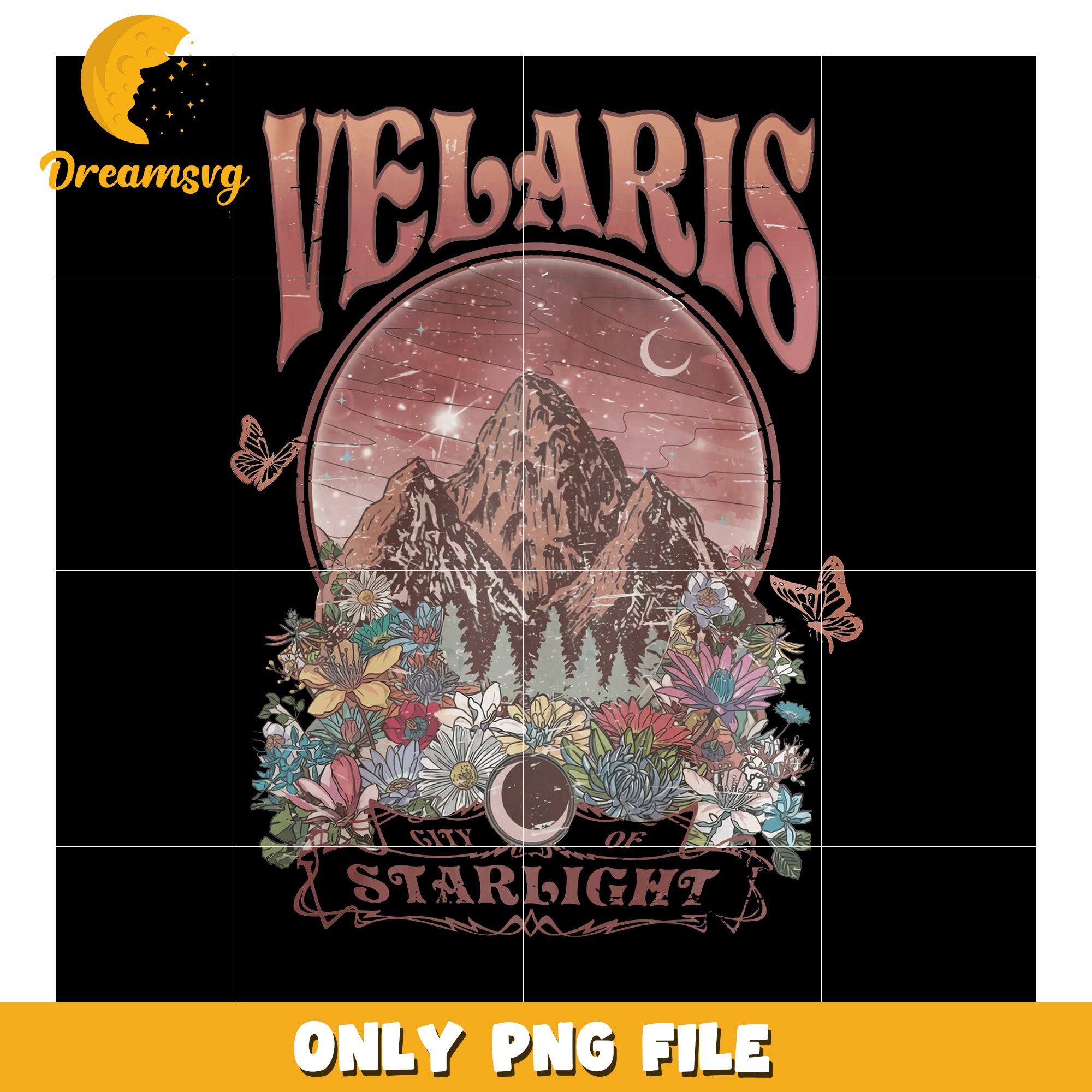 Velaris city of light flowers png, magical starlight skyline png