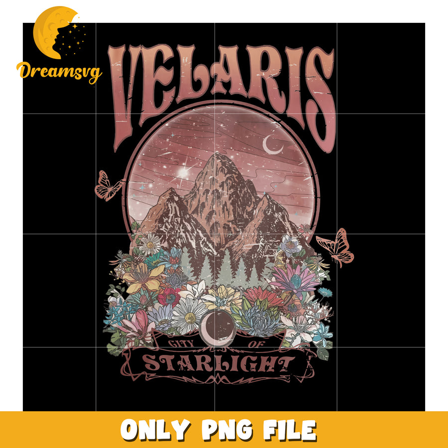 Velaris city of light flowers png, magical starlight skyline png