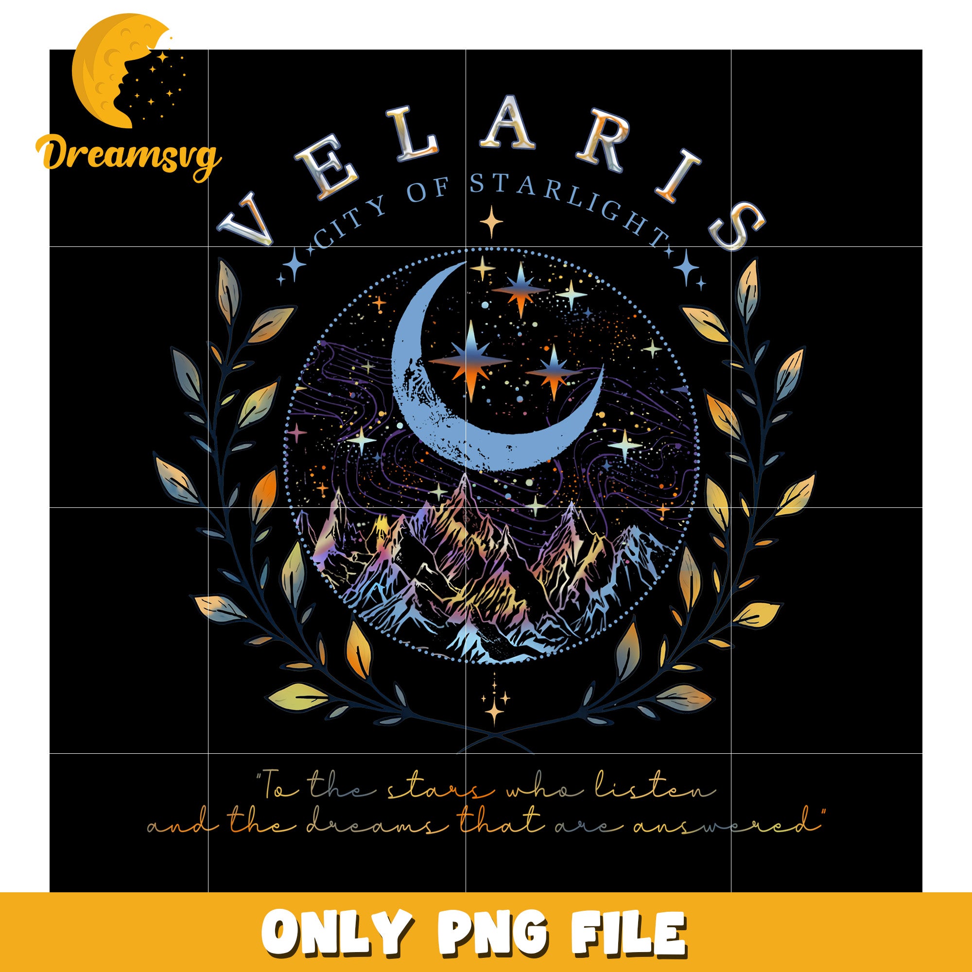 Velaris retro sunset design png, vintage night court skyline png