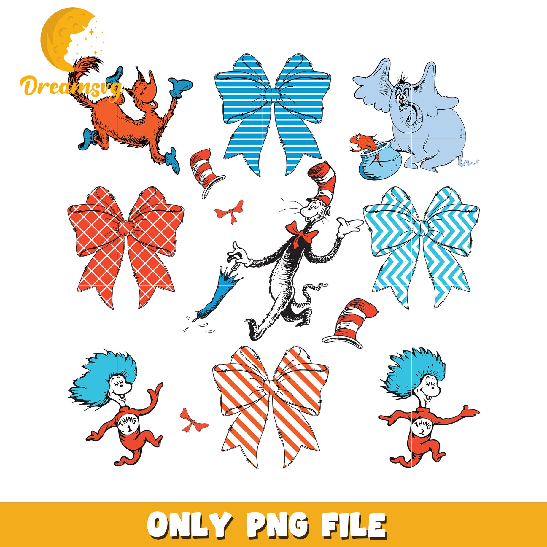 Vintage bow dr seuss character png, cast of dr seuss png, cartoon png