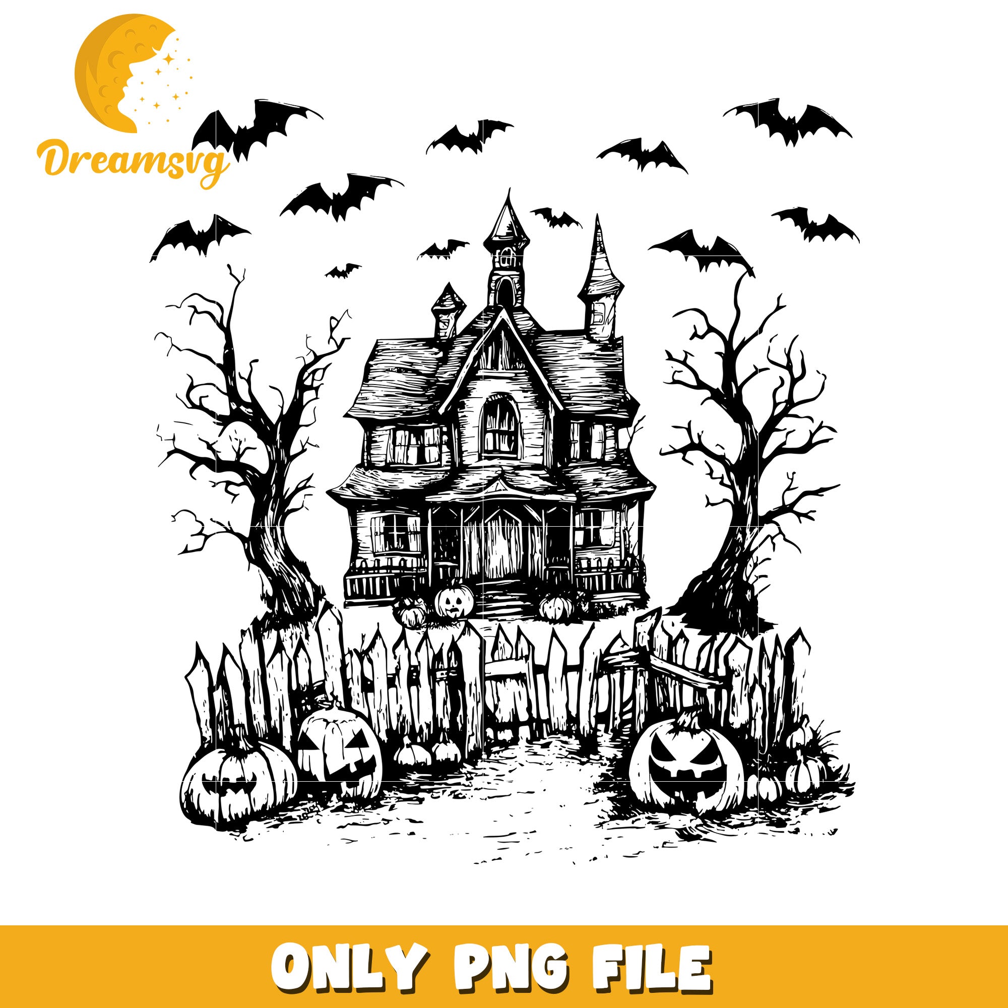 Vintage haunted house png, haunted house white front png, retro spooky home png