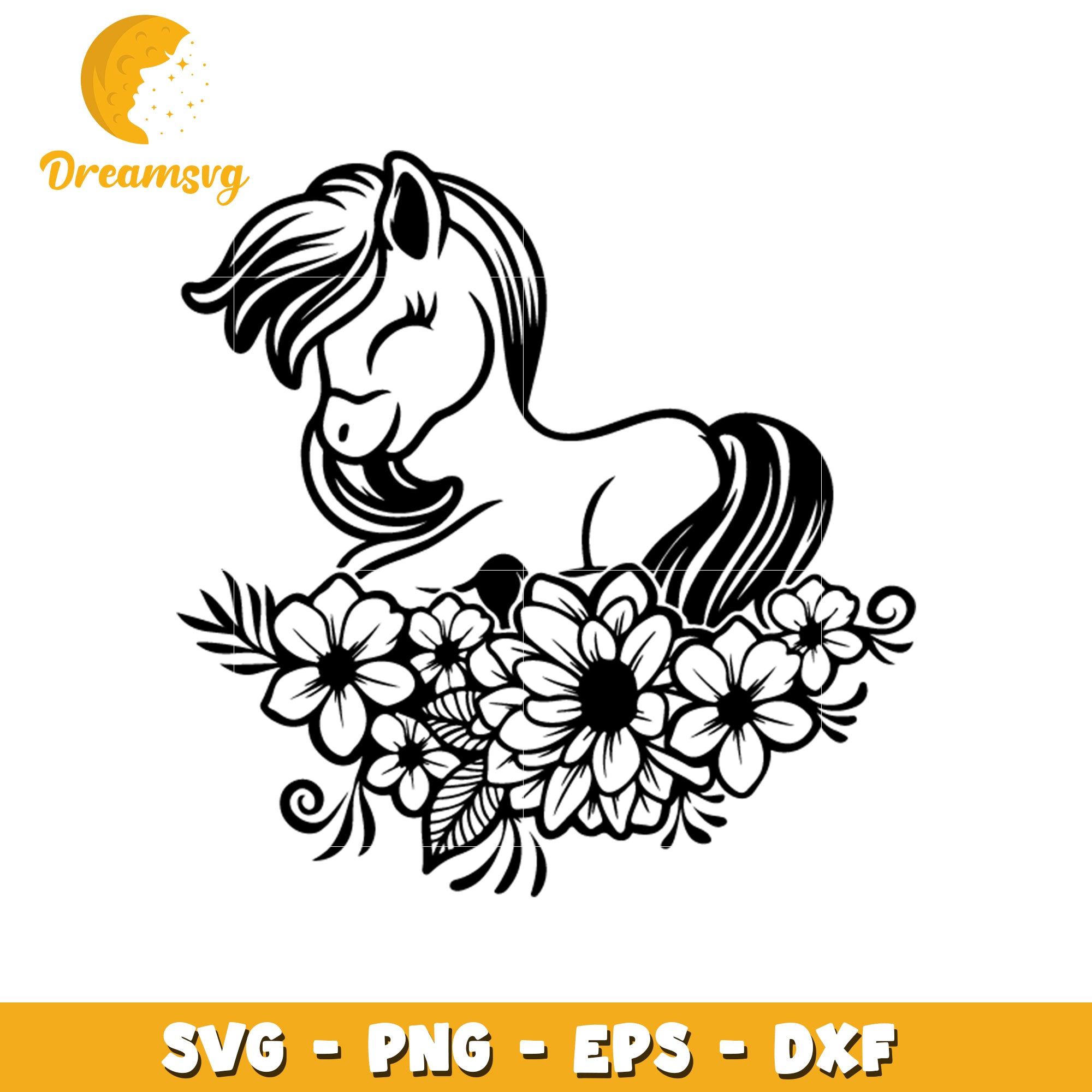 Vintage horse flower outline svg, outline svg, horse svg