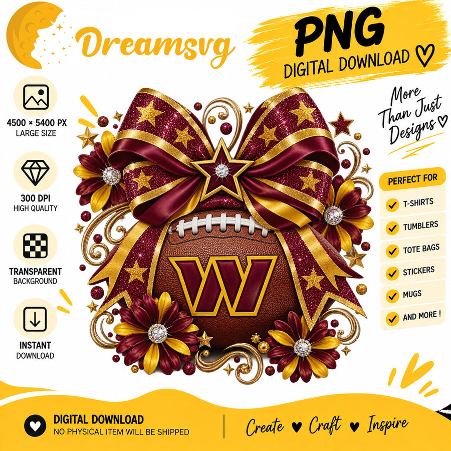Washington Commanders Coquette Bow Glitter Floral PNG