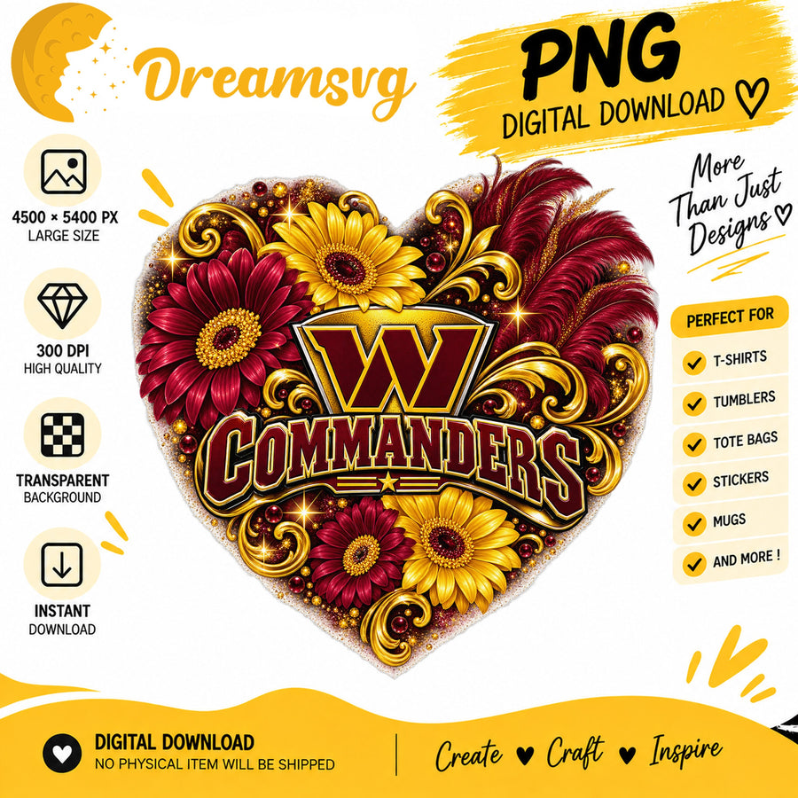 Washington Commanders Floral Heart NFL Football PNG