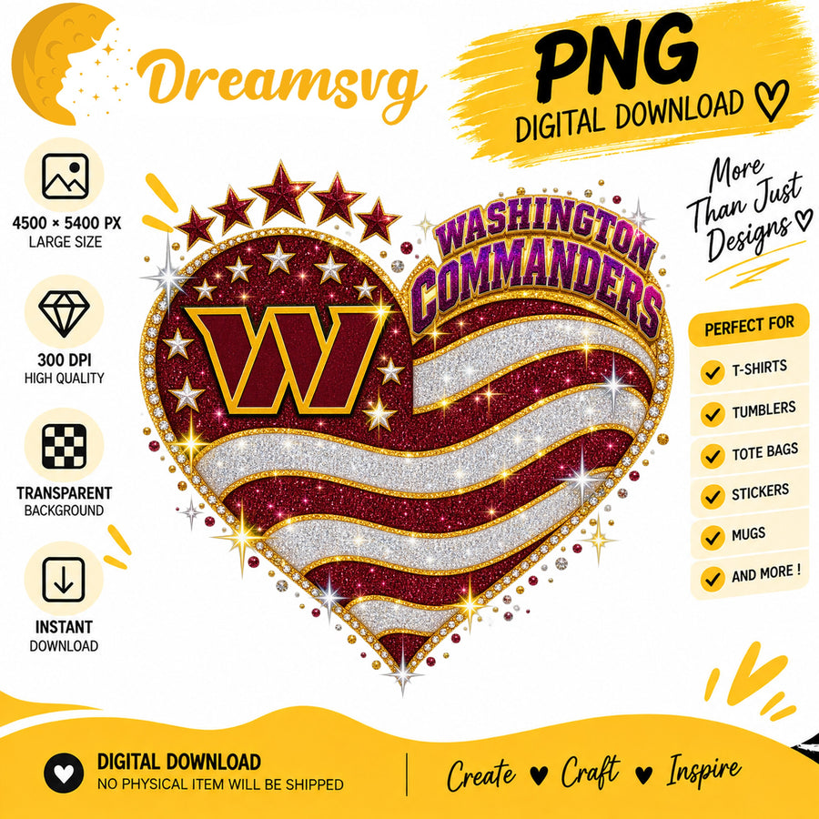 Washington Commanders Glitter Heart NFL Football Fan PNG