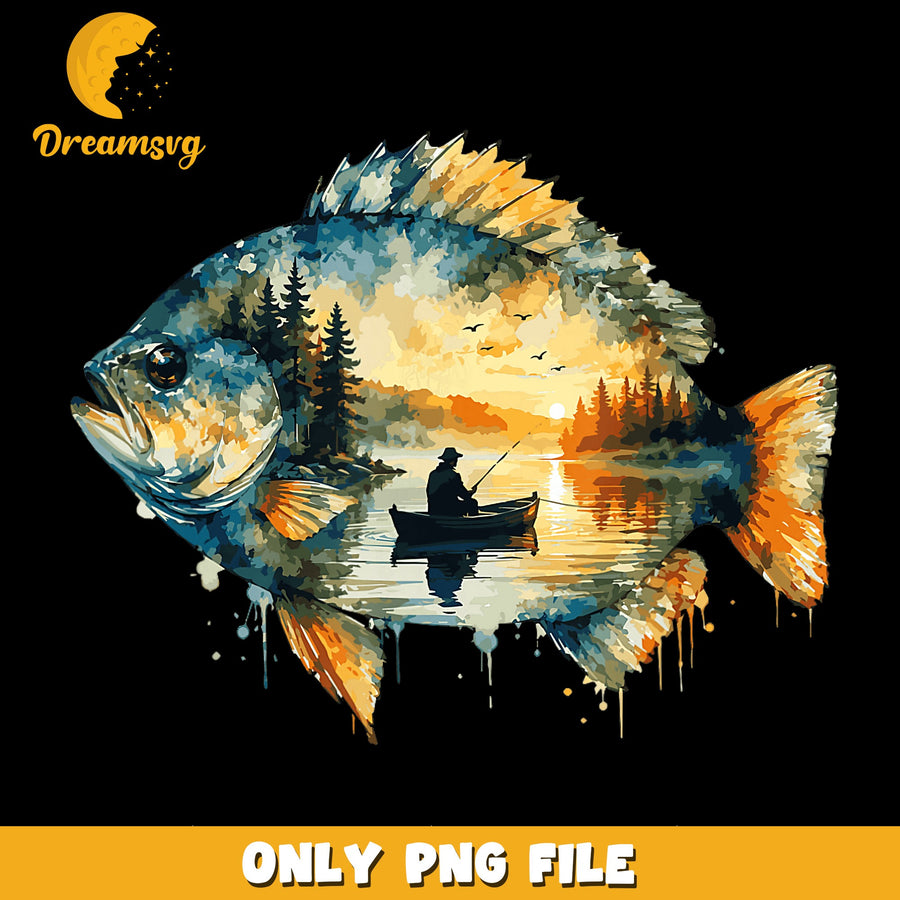 Watercolor Bass Fish Fisherman Sunset Boat PNG, Fishing, Nature PNG