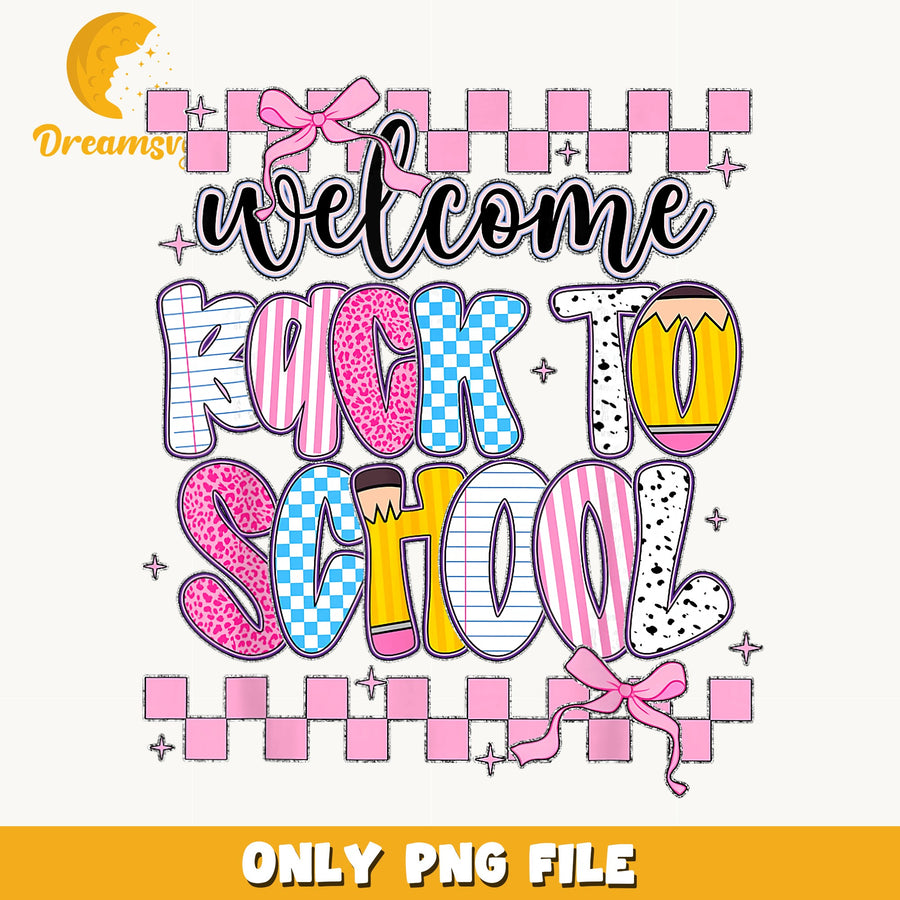 Welcome Back To School PNG, Coquette Bow Checkered Design, Teacher PNG