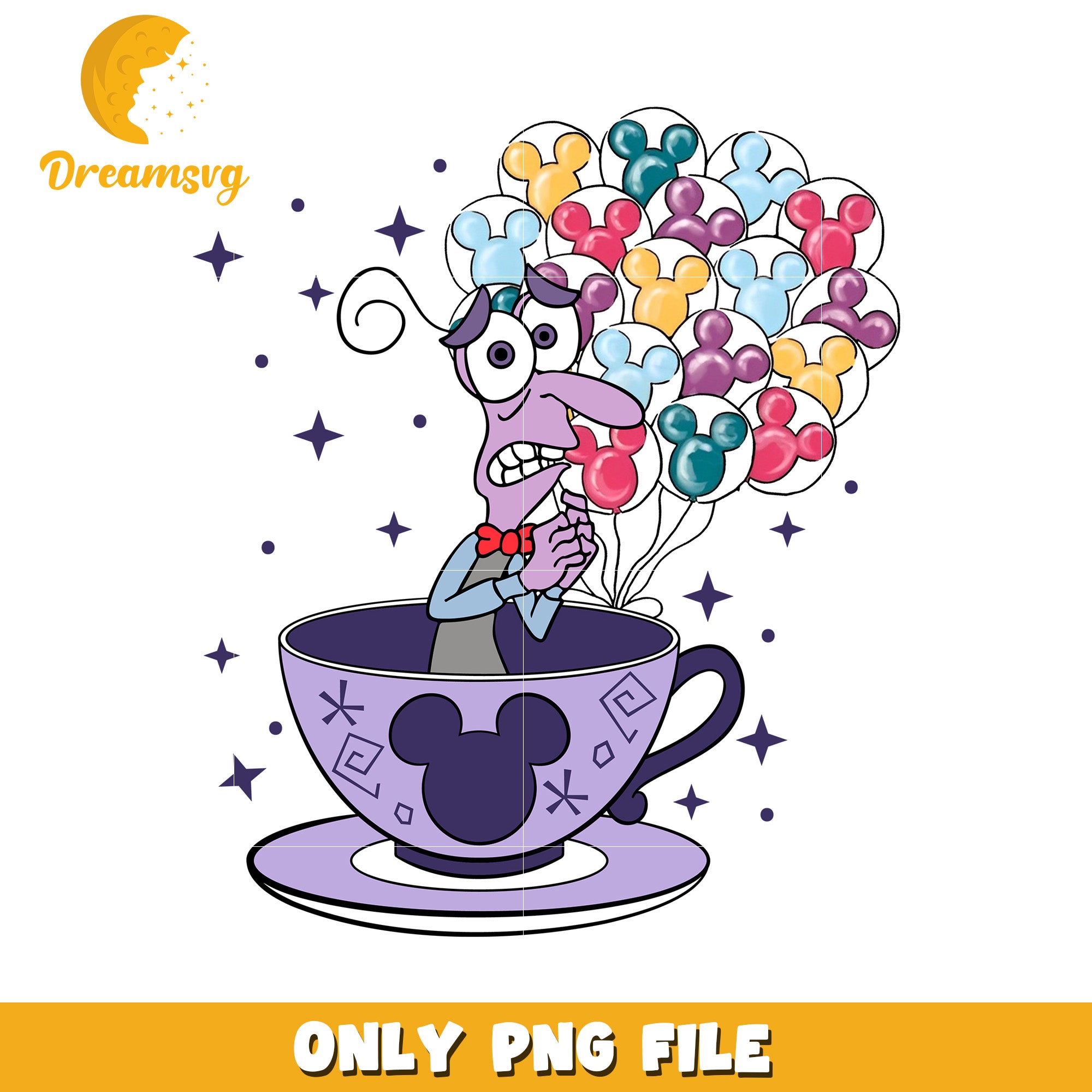 Whimsical Character in Teacup with Colorful Balloons PNG