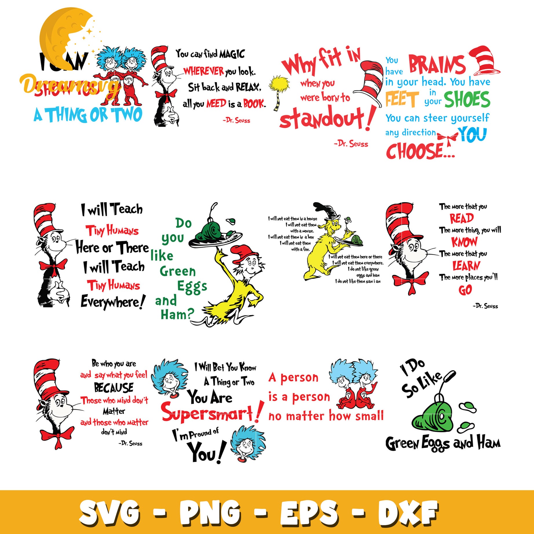 Whimsical Dr Seuss Quote Bundle SVG for Kids Craft