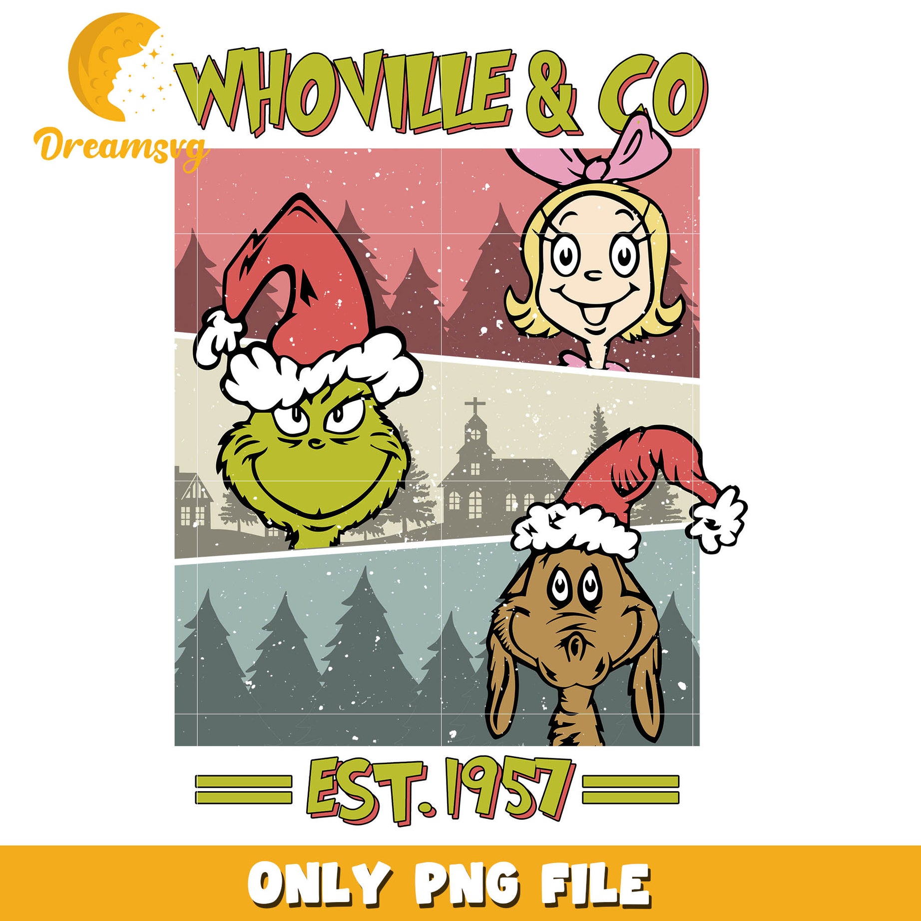 Whoville and co est 1957 christmas png, grinch cindy lou and max​ png