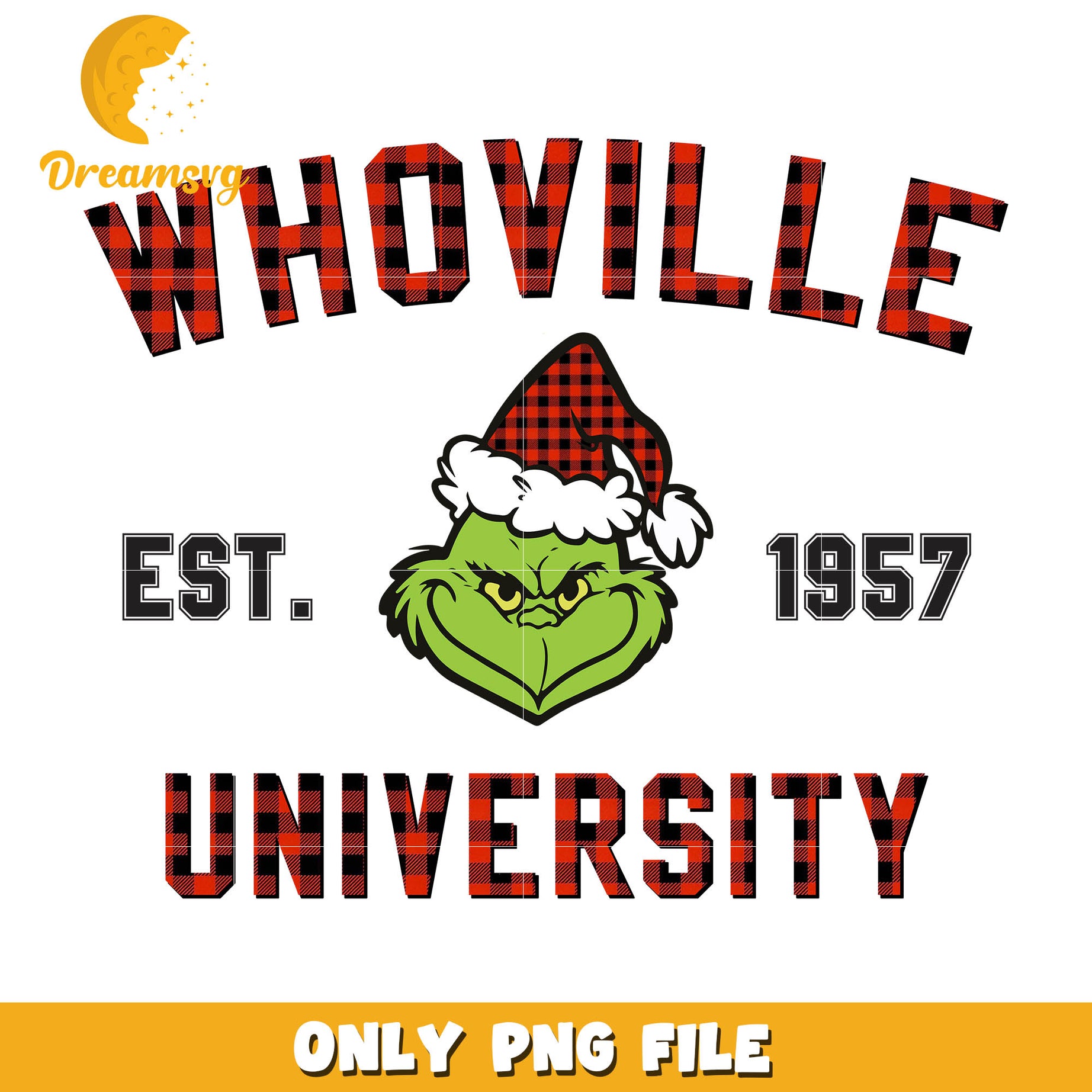 Whoville university est 1957 red text png, grinch face png