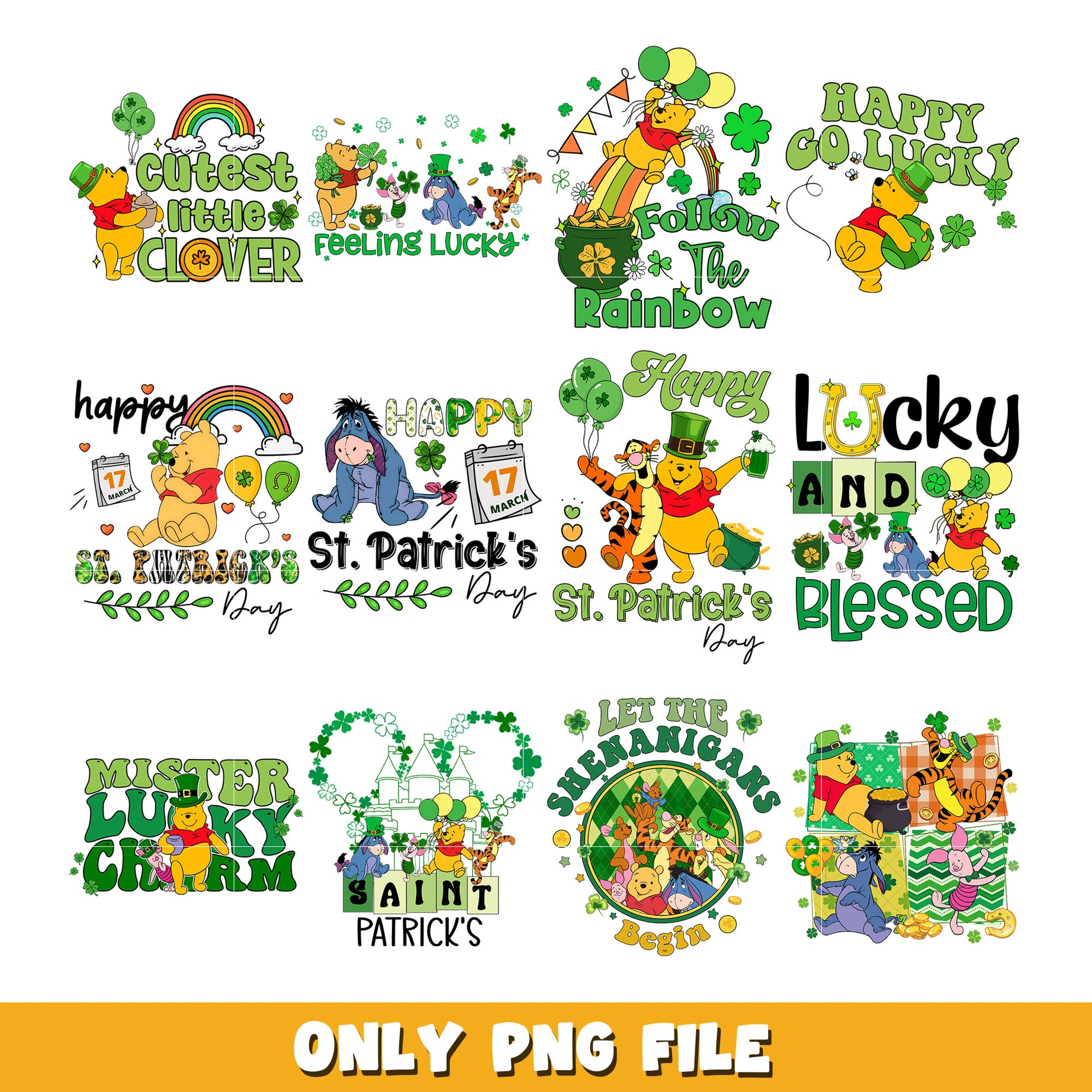 Winnie the pooh Friends Bom Lucky st Patrick  bundle png, Winnie the pooh png, Disney cartoon png, Digital download 