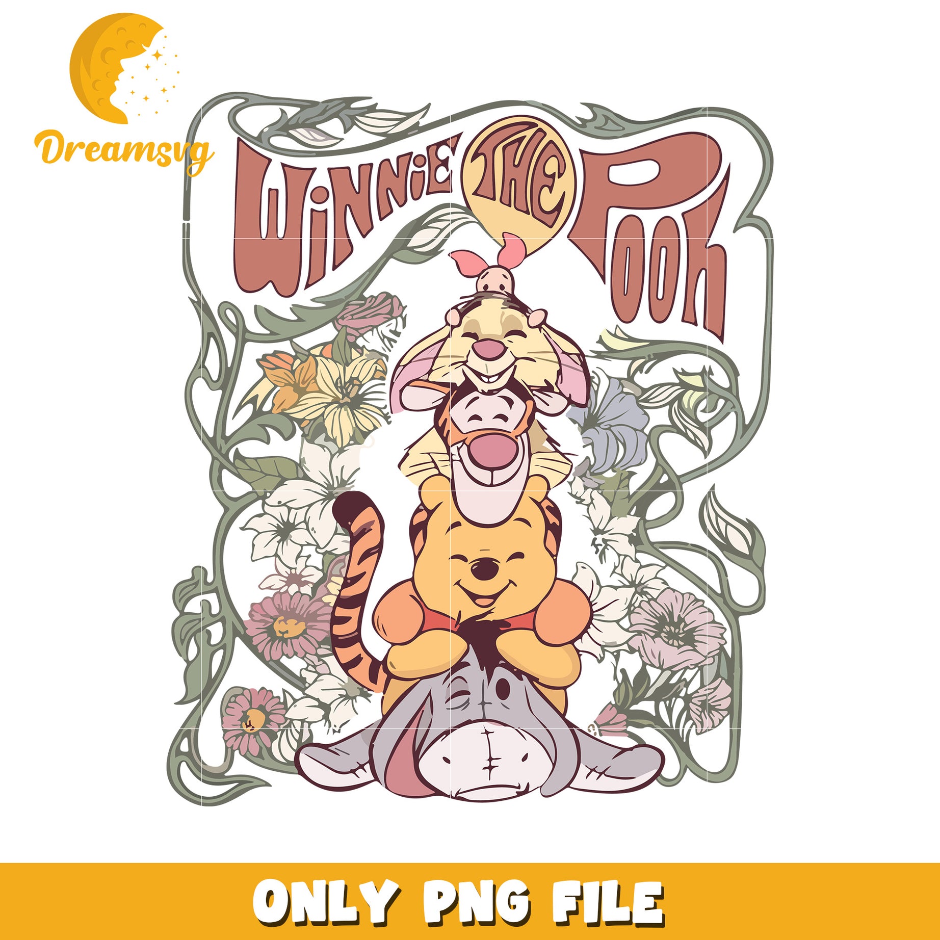 Winnie the Pooh Friends Floral PNG Digital Download Artwork