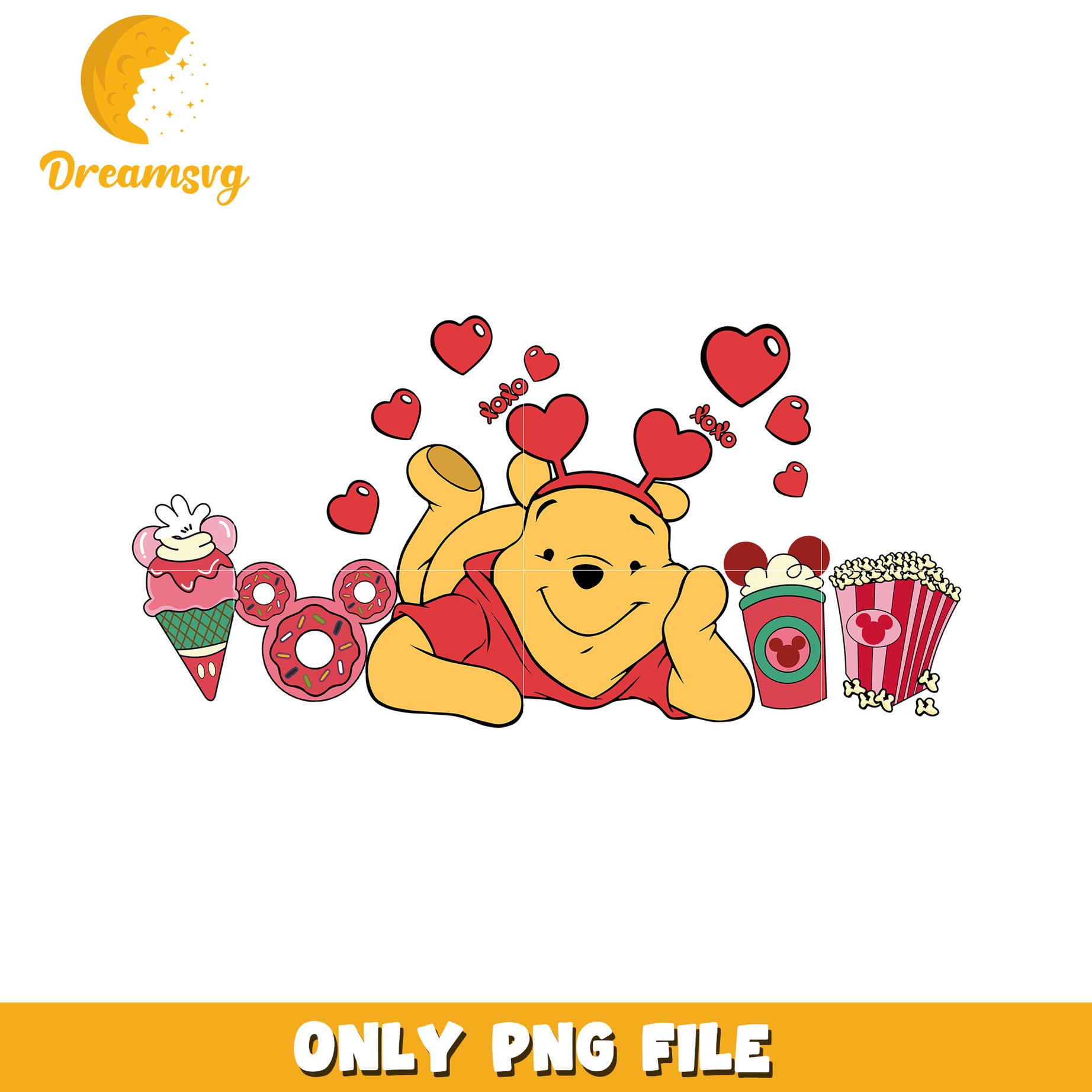 Winnie the Pooh Fun PNG File with Hearts and Treats Design