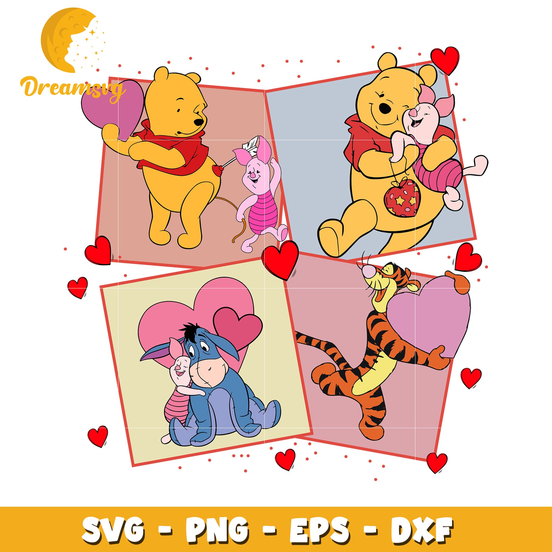 Winnie the Pooh Valentine's Day SVG with Friends Hearts Decor