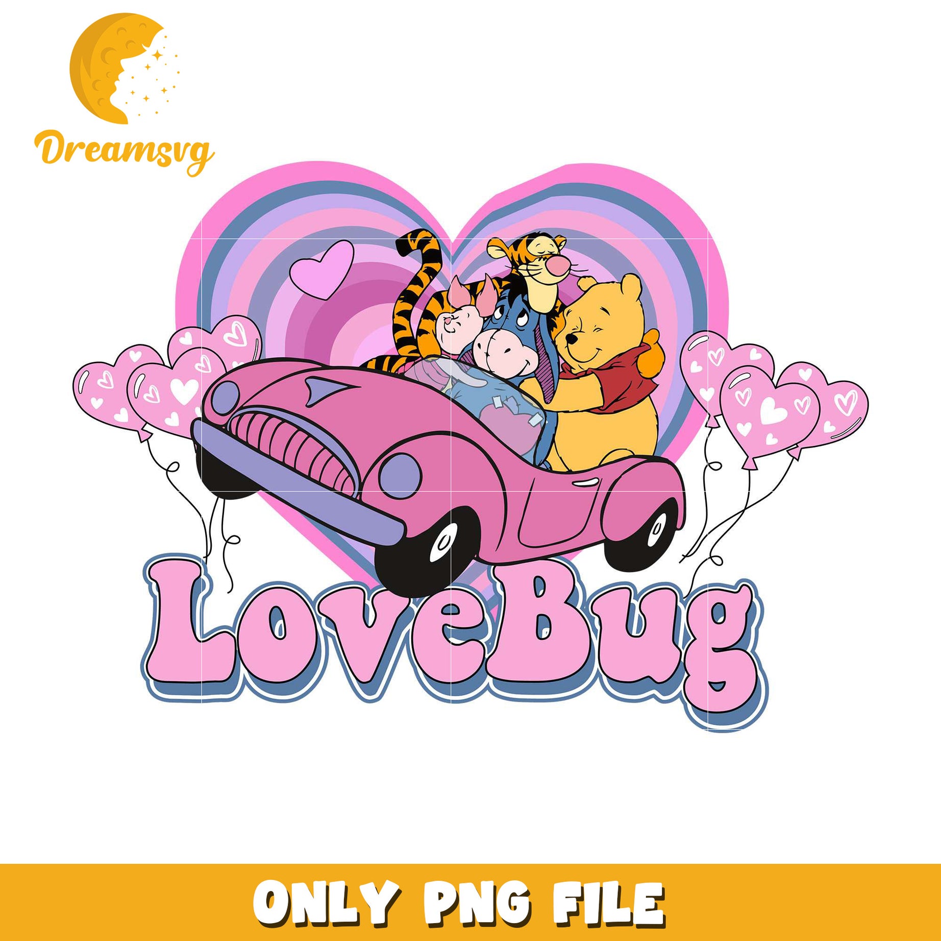 Winnie the pooh pink car love bug png, love bug png, valentine png