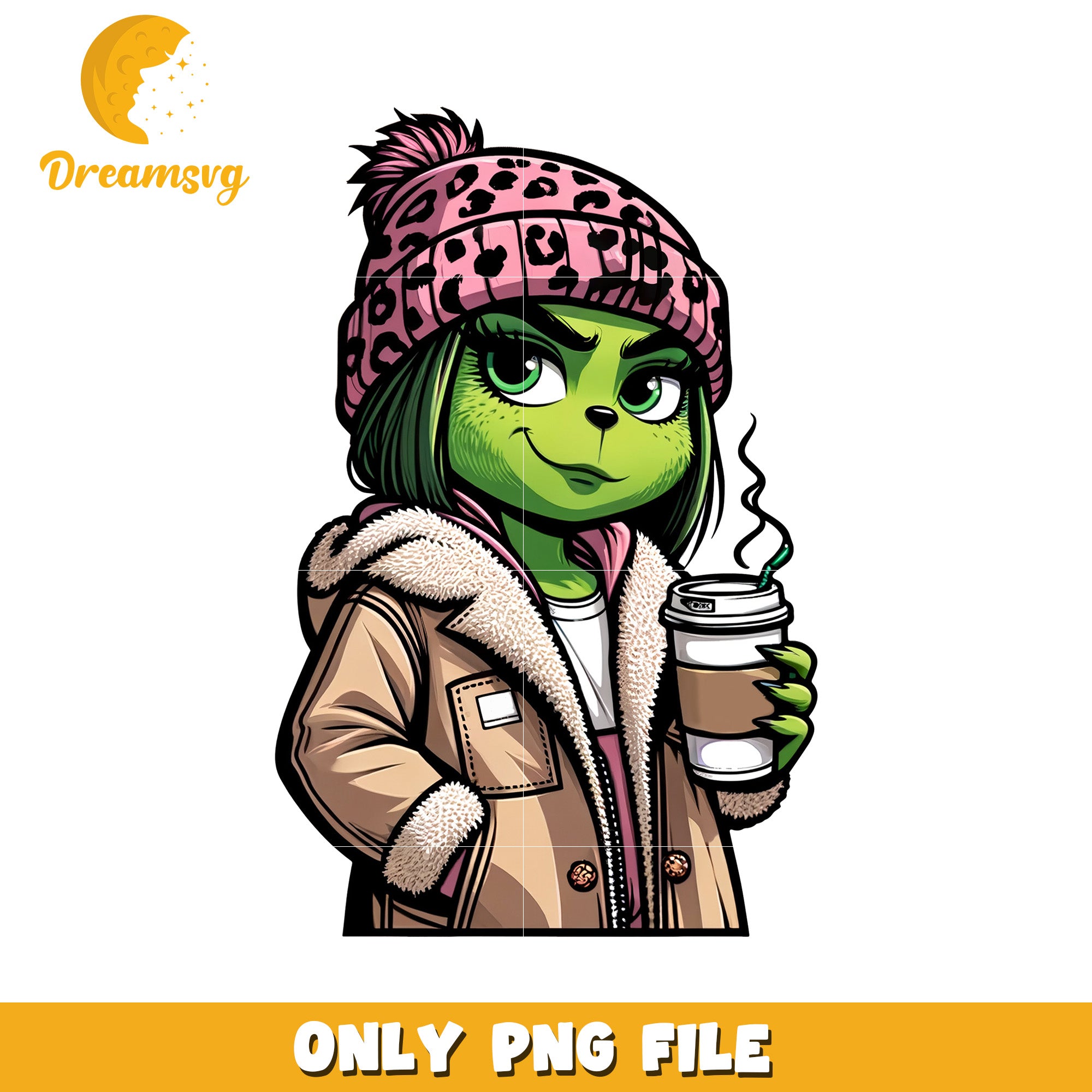 Winter jacket female grinch png, baby grinch​​ png, christmas lights png