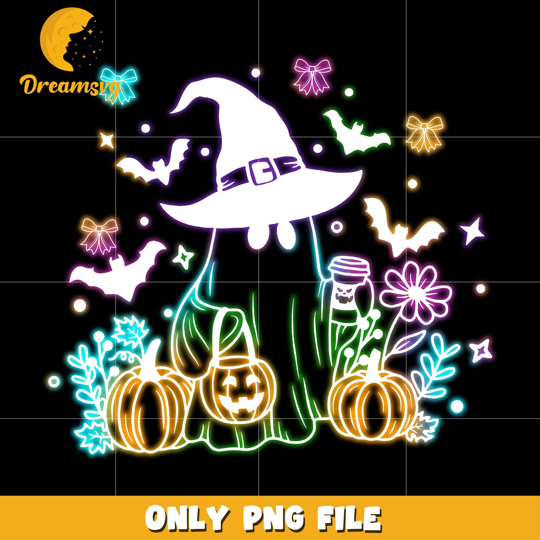 Witch ghoul and flowers neon png, spooky autumn​ png, trick or treat png
