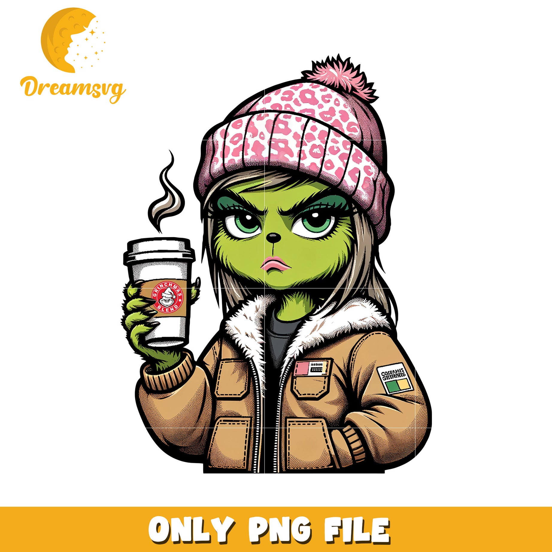 Woman grinch drink coffee png, baby grinch​​ png, christmas lights png