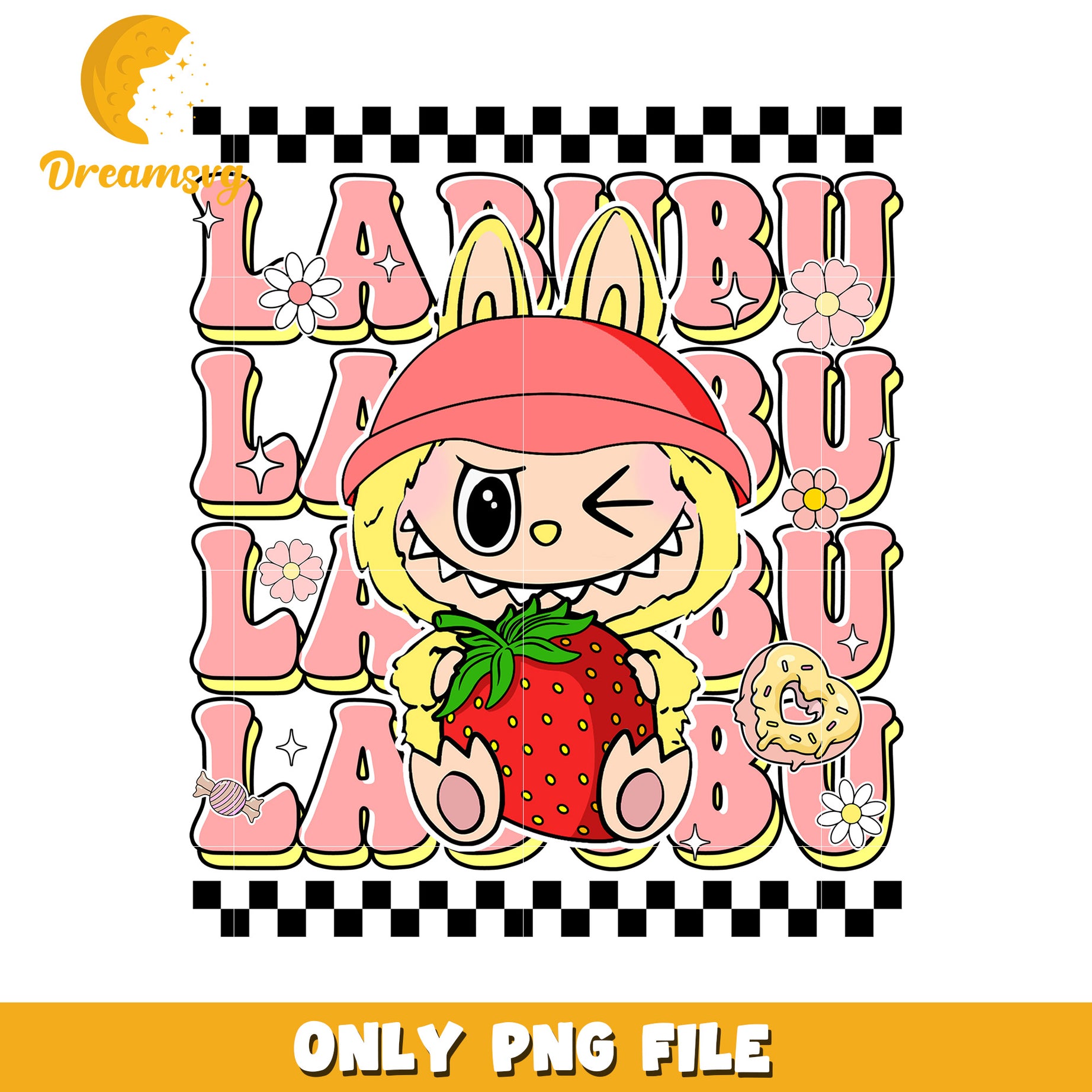 Yellow and strawberry png, all popmart characters​ png, labubu art​ png