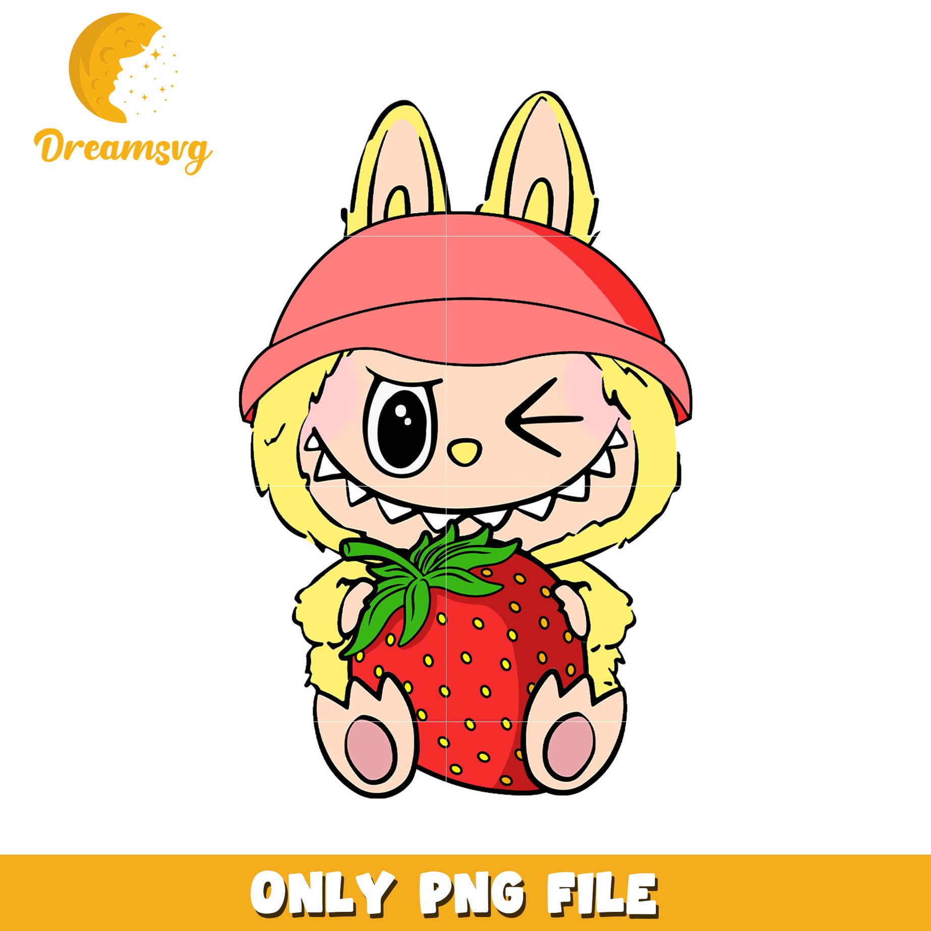 Yellow labubu and strawberry png, cute labubu​ png, labubu cartoon​ png