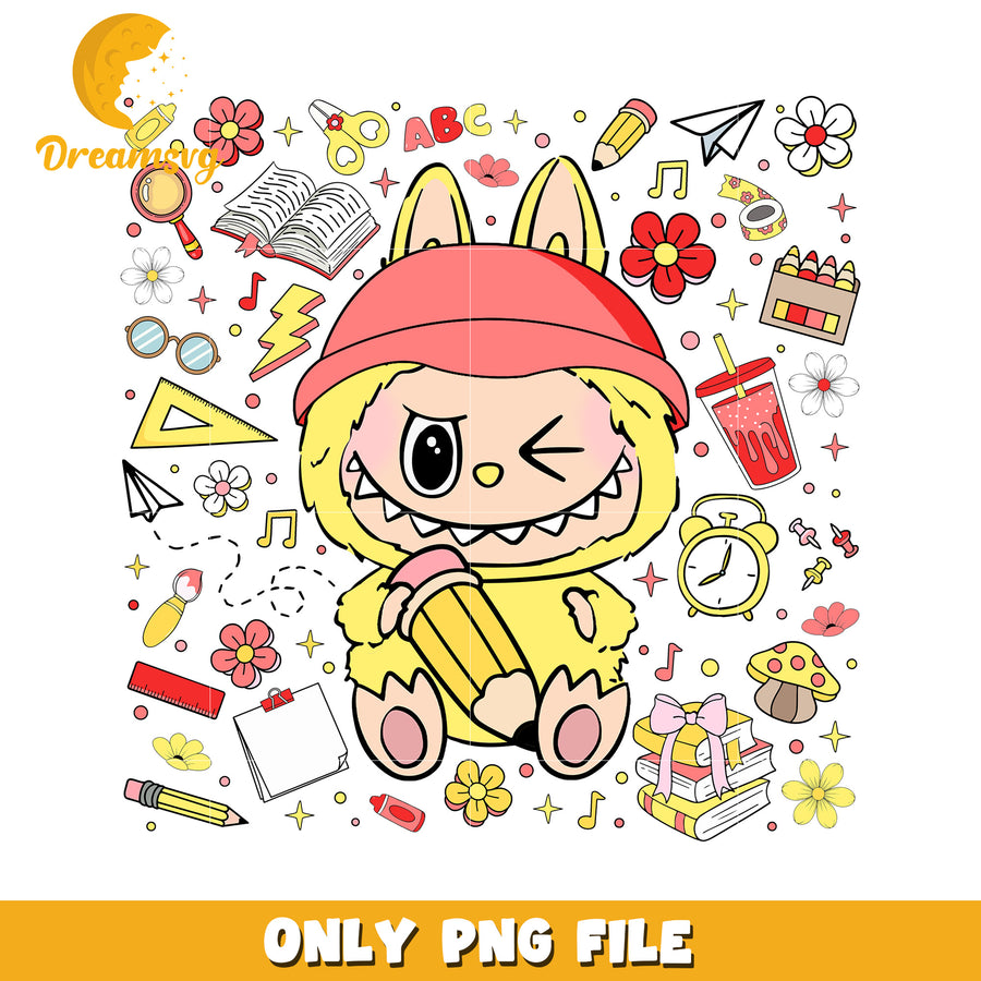 Yellow labubu cute design png, have a seat labubu​ png, labubu doll png