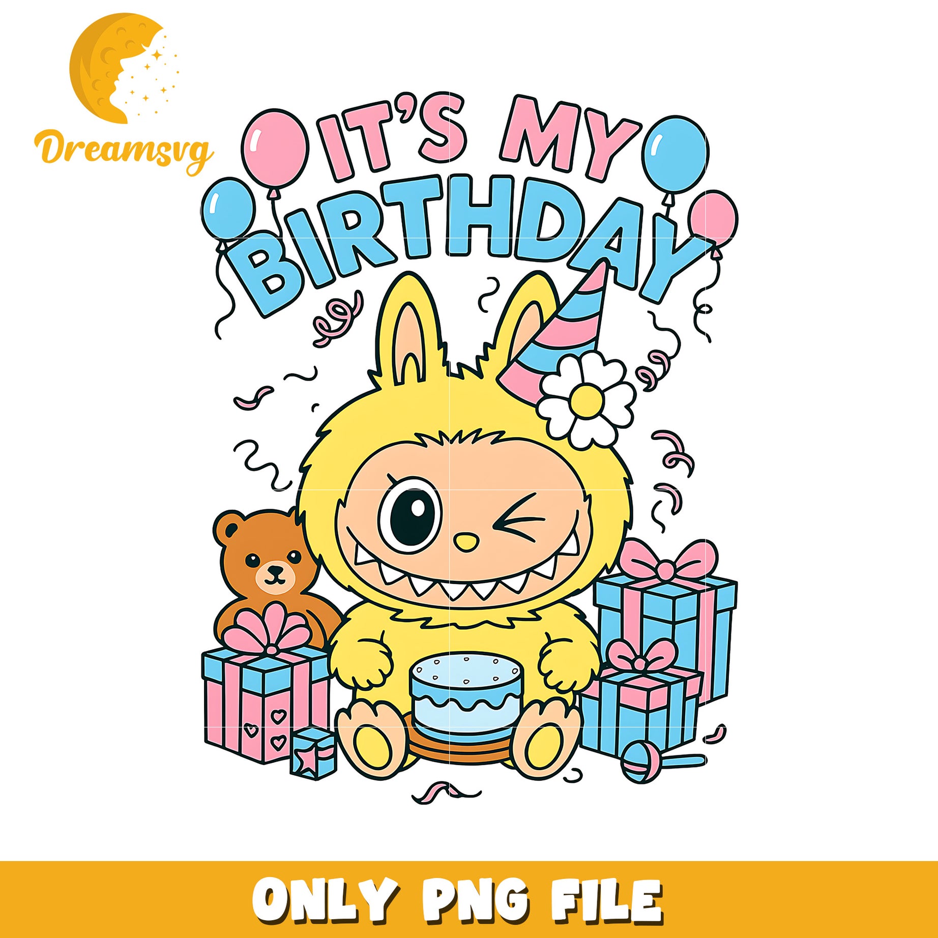 Yellow labubu its my birthday png, cute labubu png, popmart labubu png