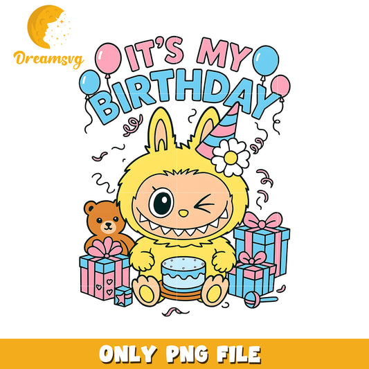 Yellow labubu its my birthday png, cute labubu png, popmart labubu png